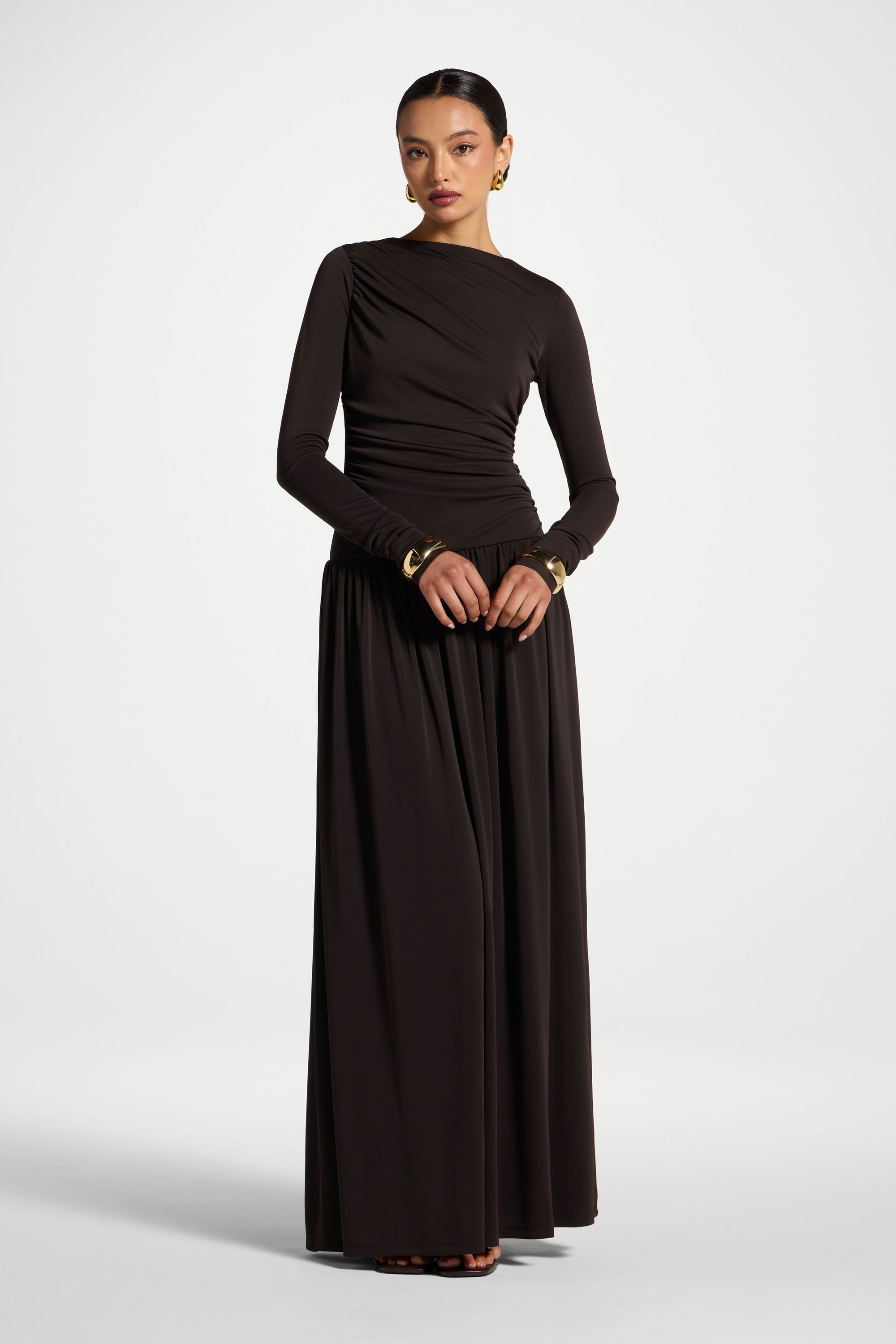 Boat Neck Rouched Maxi Dress - Chocolate Torte Abayas Veiled