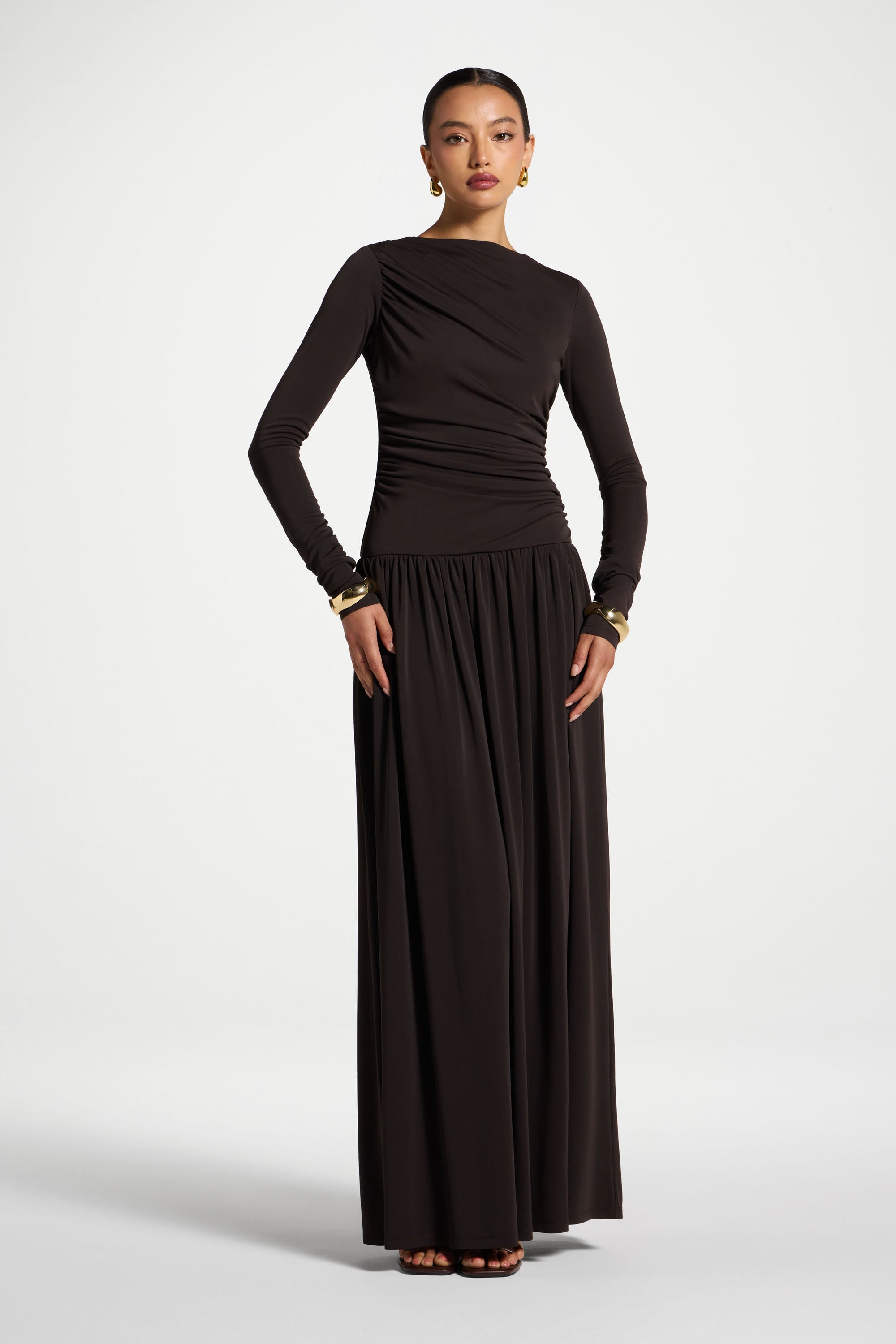 Boat Neck Rouched Maxi Dress - Chocolate Torte Abayas Veiled