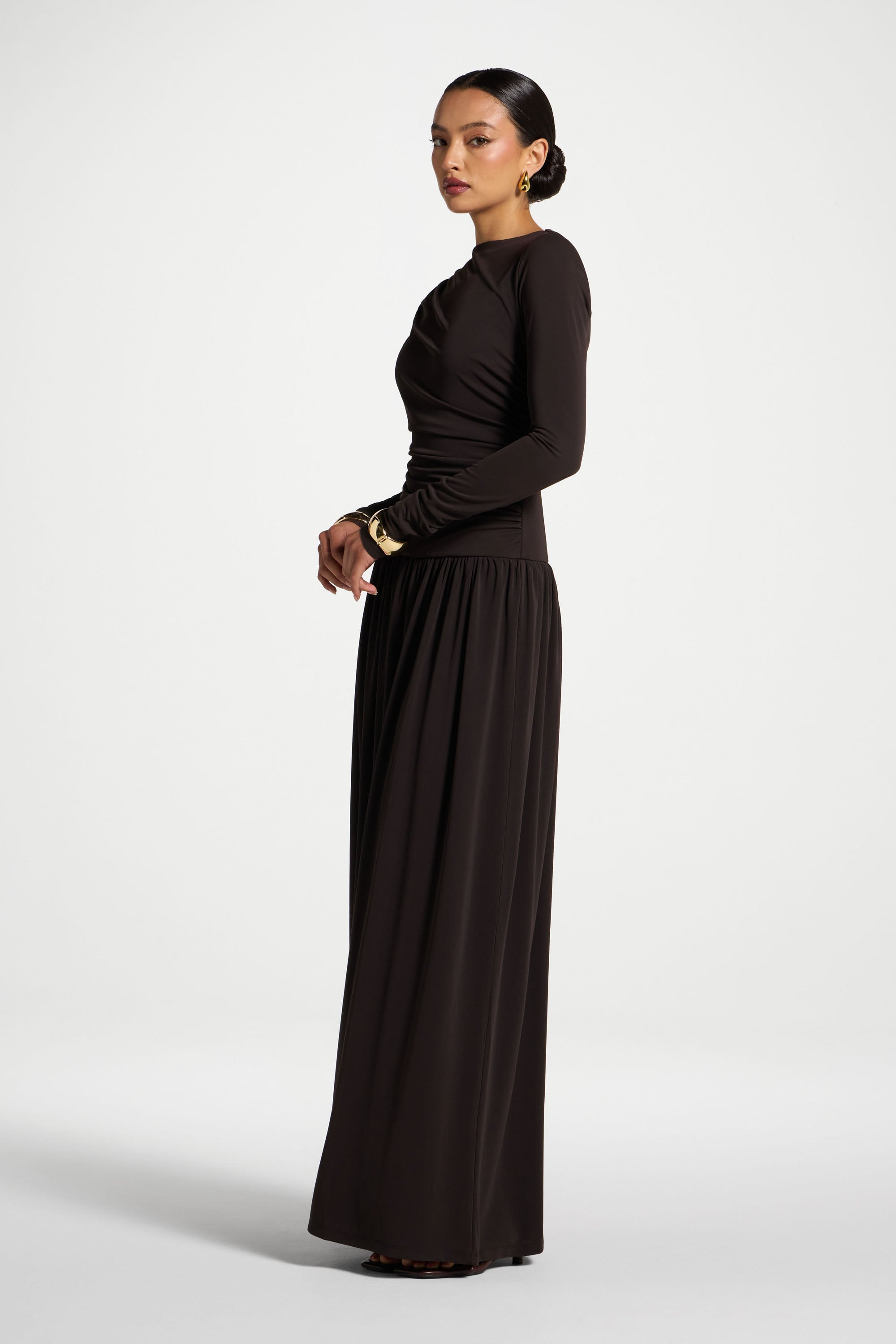 Boat Neck Rouched Maxi Dress - Chocolate Torte Abayas Veiled