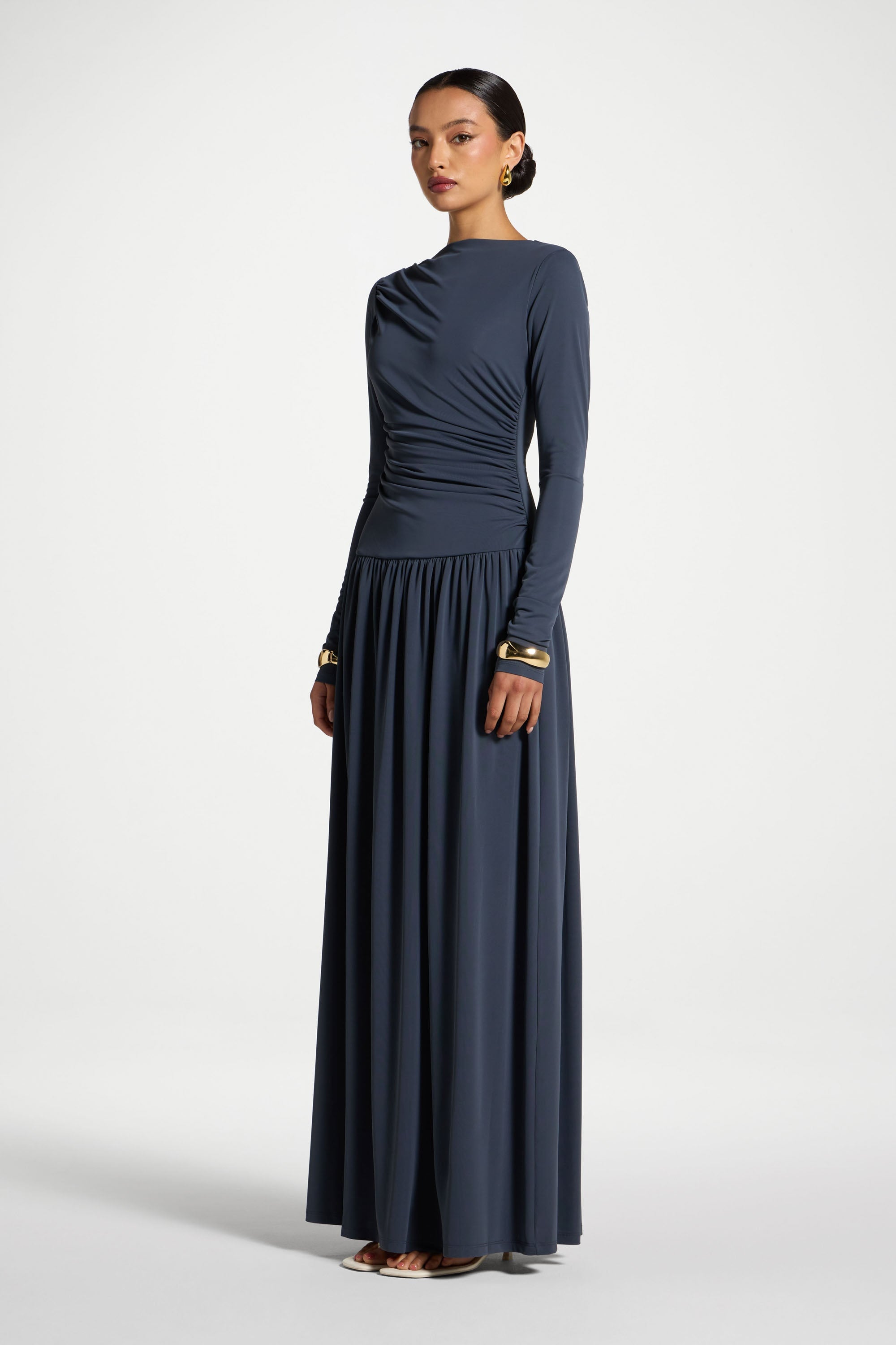 Boat Neck Rouched Maxi Dress - Dusk Abayas Veiled
