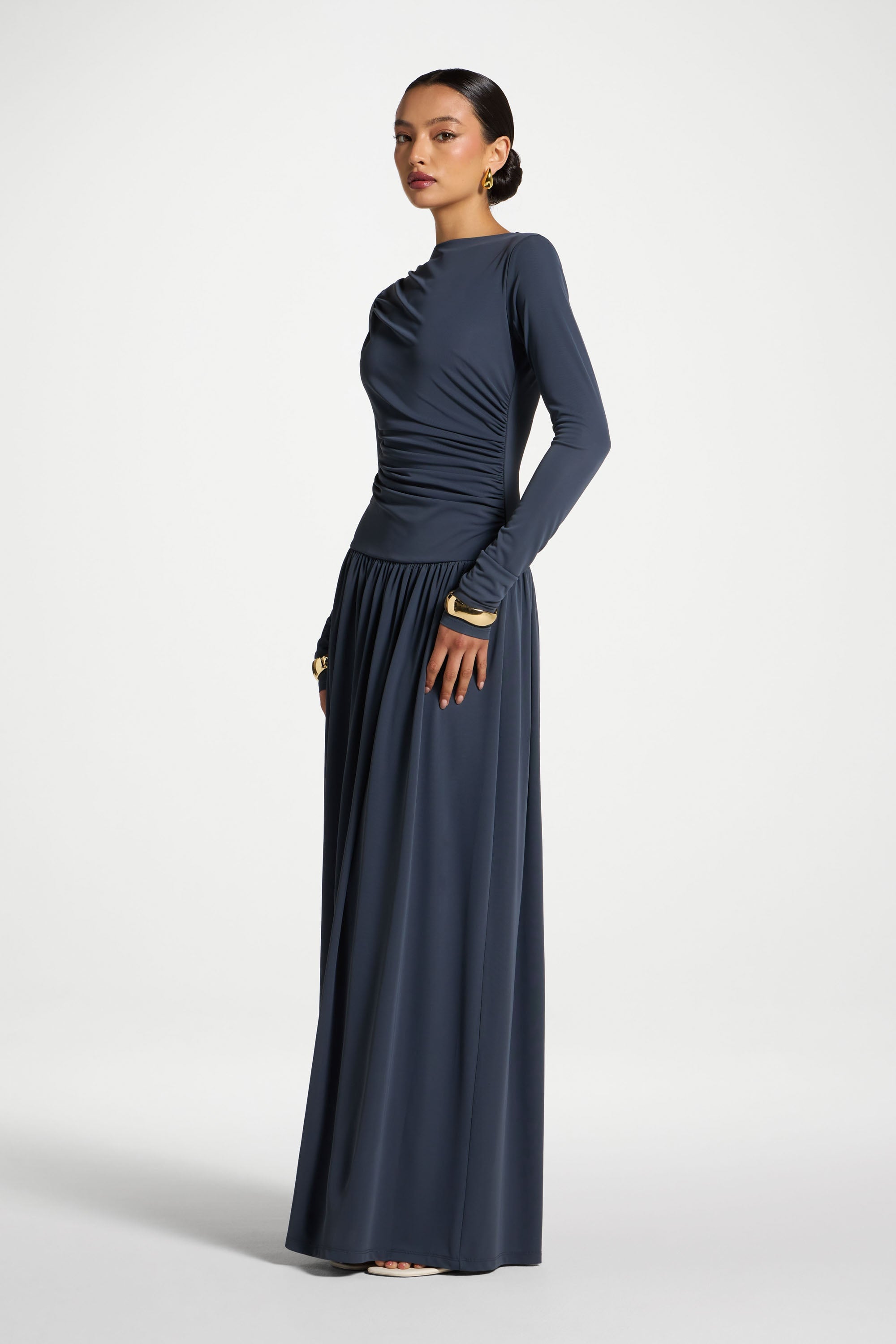 Boat Neck Rouched Maxi Dress - Dusk Abayas Veiled