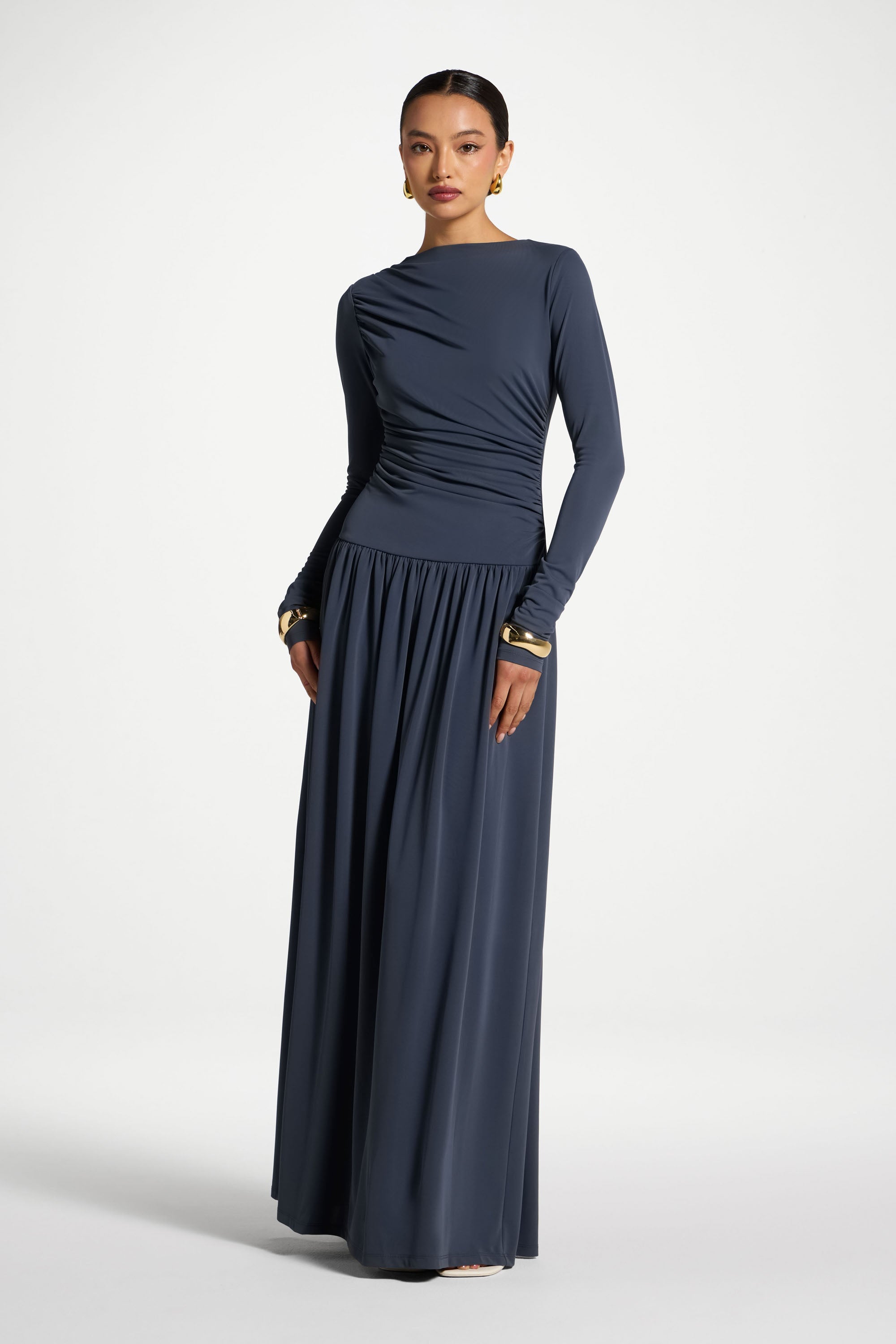 Boat Neck Rouched Maxi Dress - Dusk Abayas Veiled