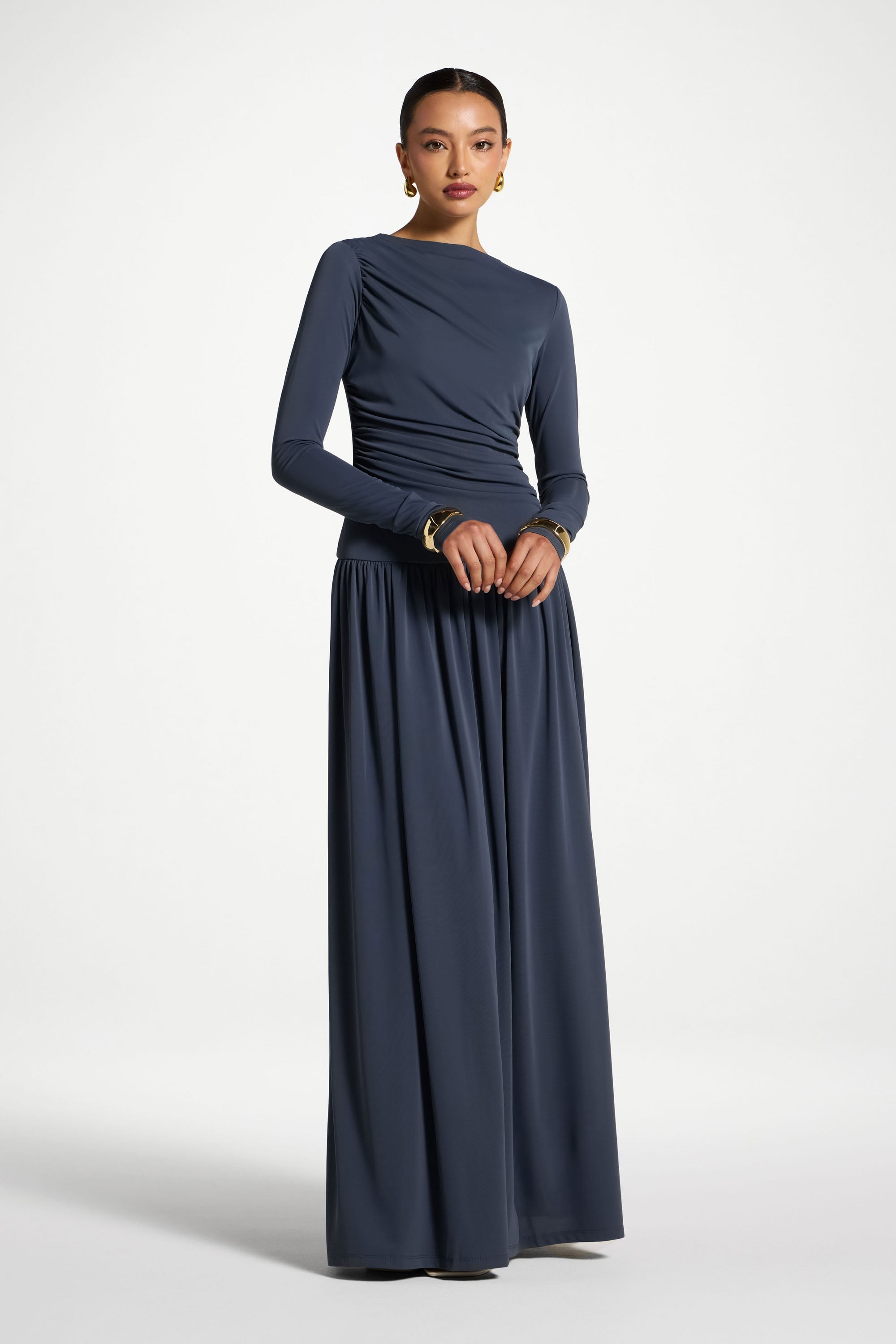 Boat Neck Rouched Maxi Dress - Dusk Abayas Veiled