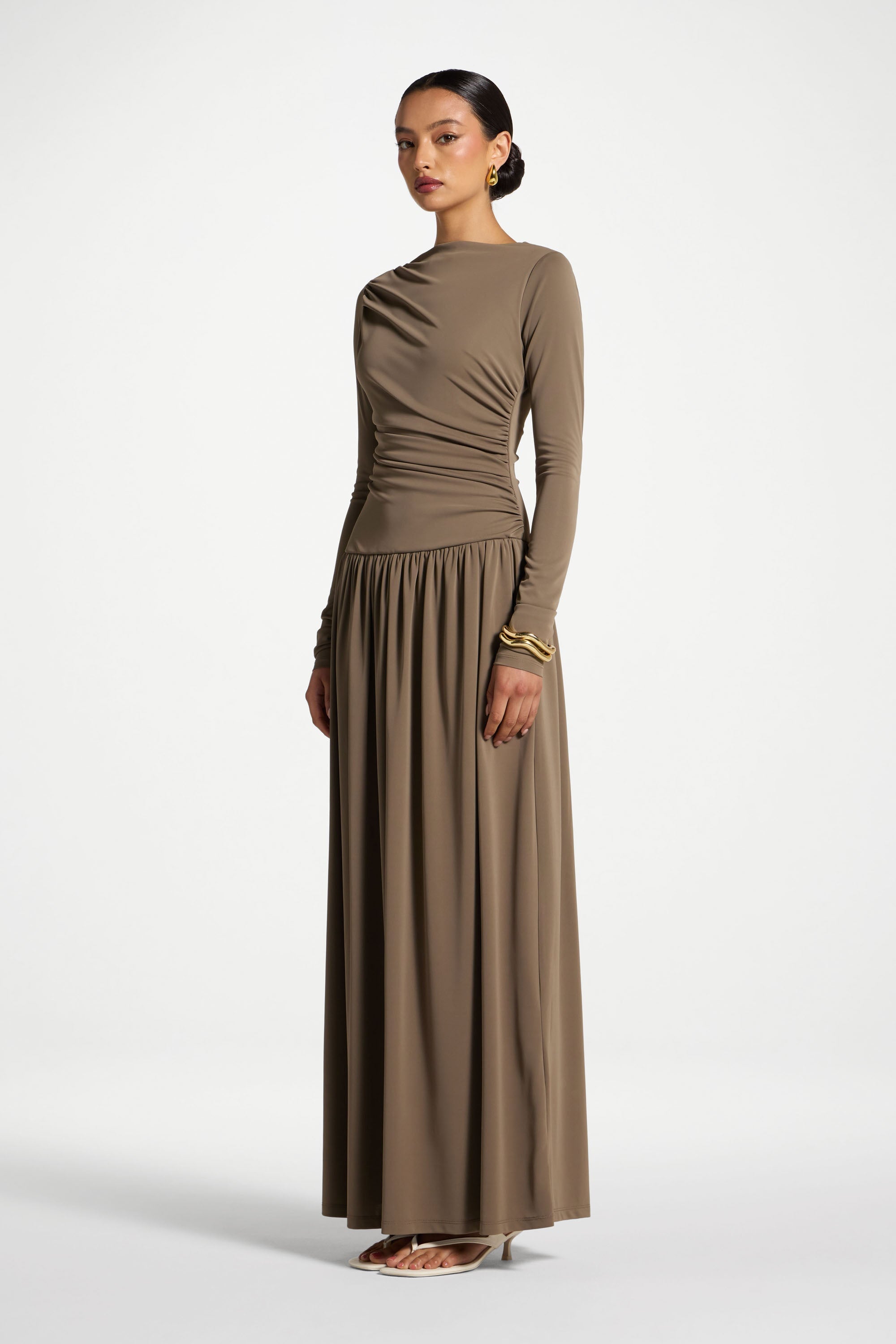 Boat Neck Rouched Maxi Dress - Vetiver Abayas Veiled