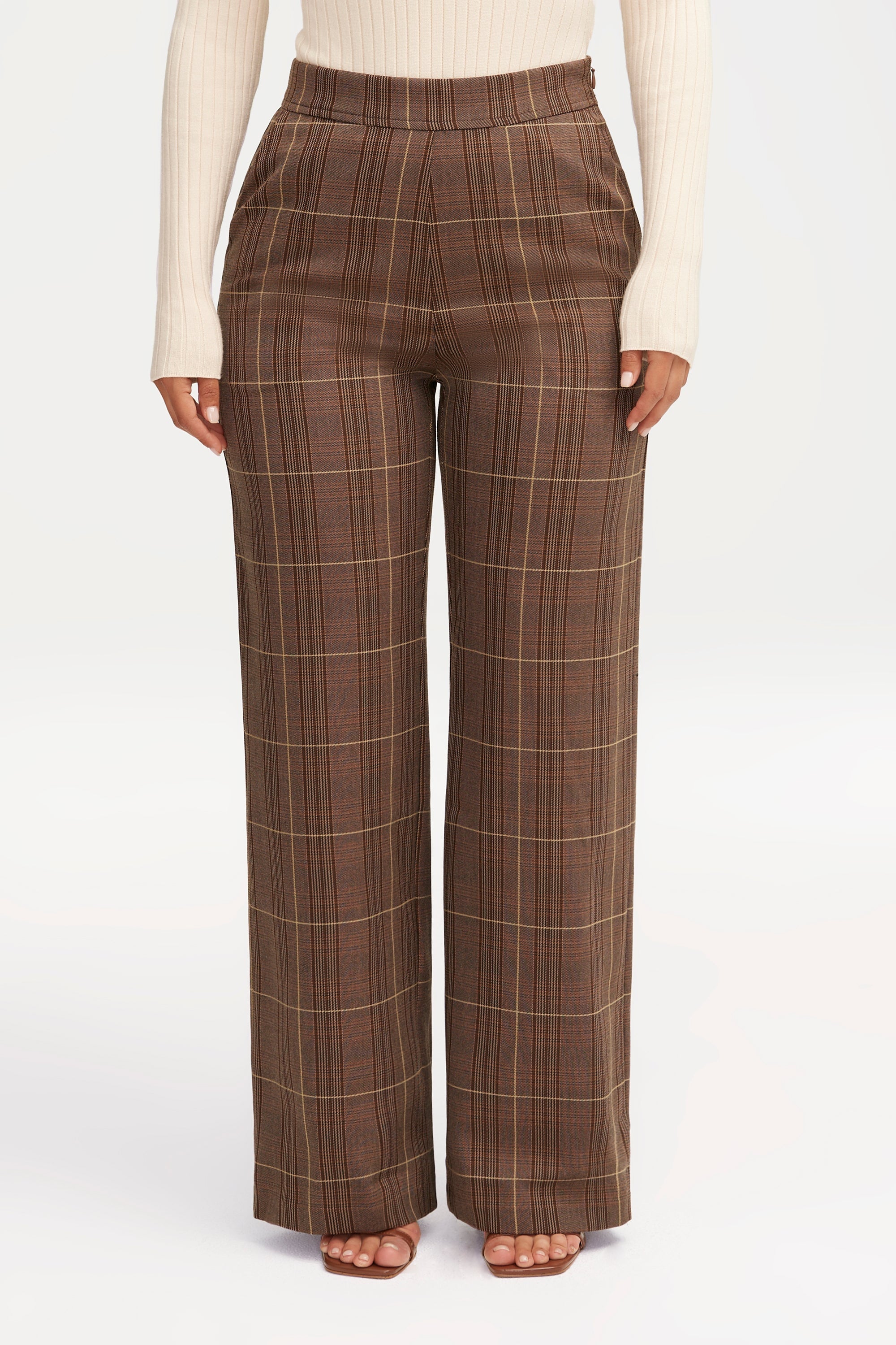 High Waist Women's Brown Plaid Pants Streetwear Oversize Wide Leg