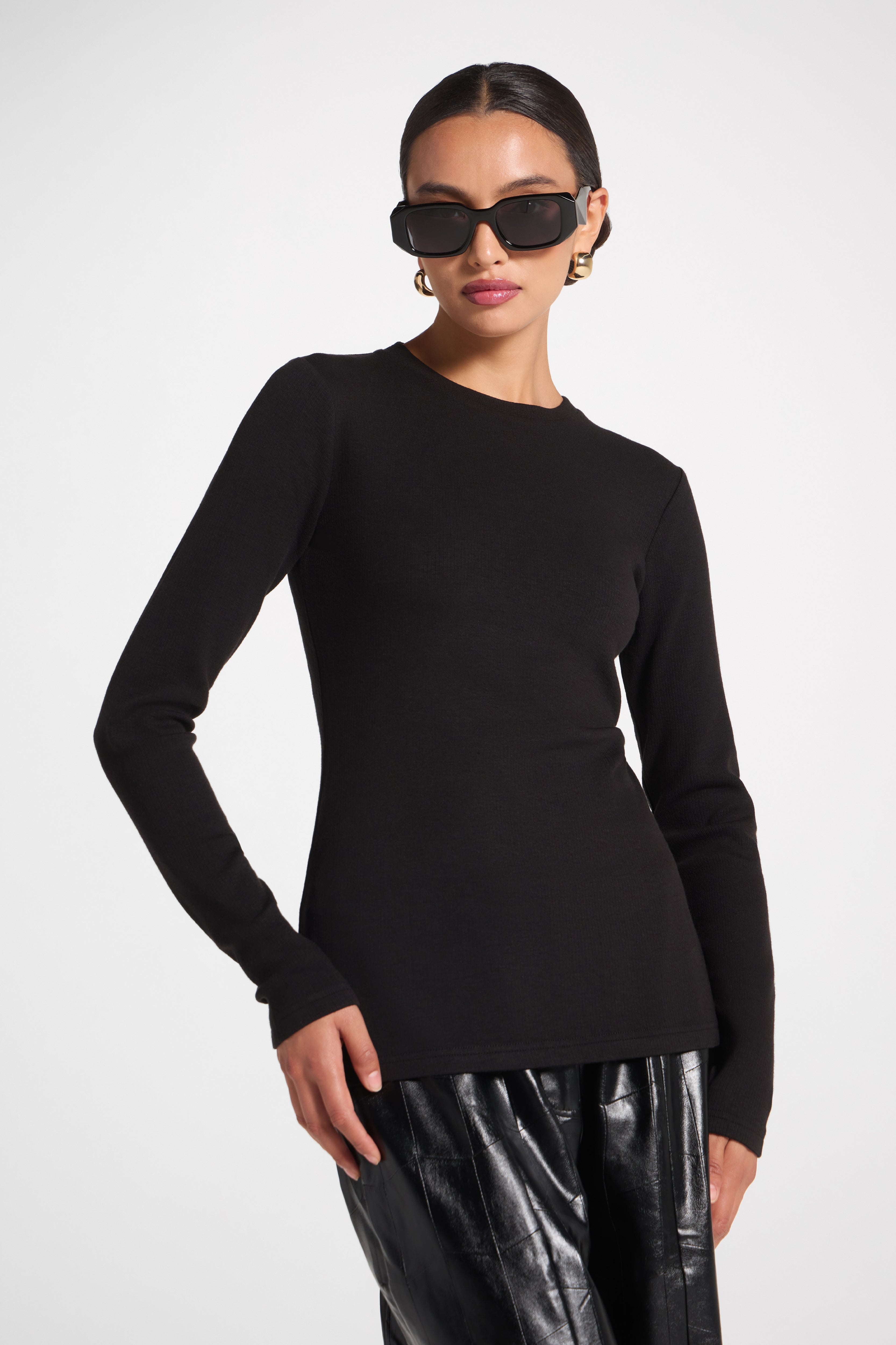 Brushed Cotton Blend Crew Neck Top - Black Top Veiled