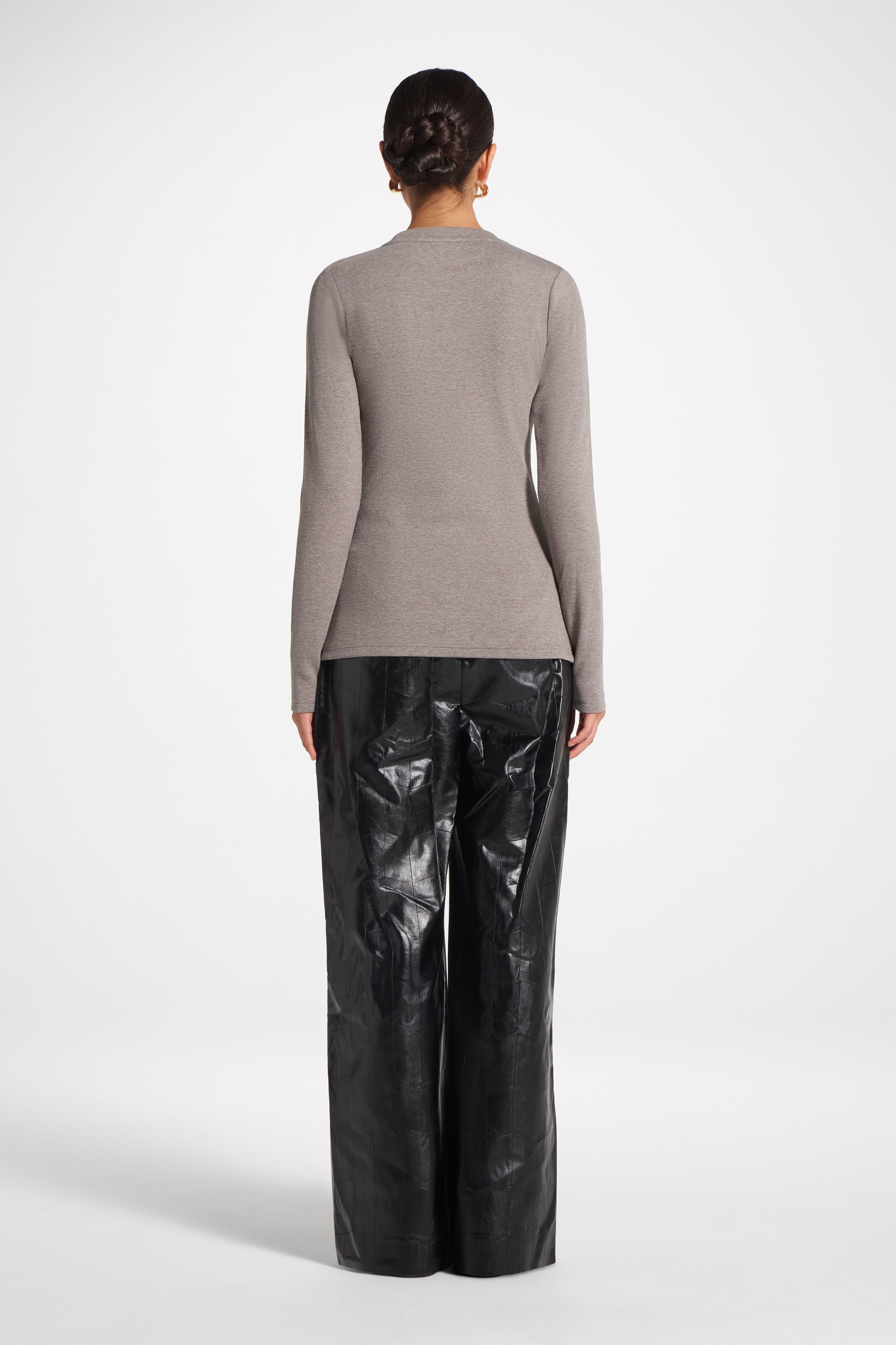 Brushed Cotton Blend Crew Neck Top - Heather Grey Top Veiled