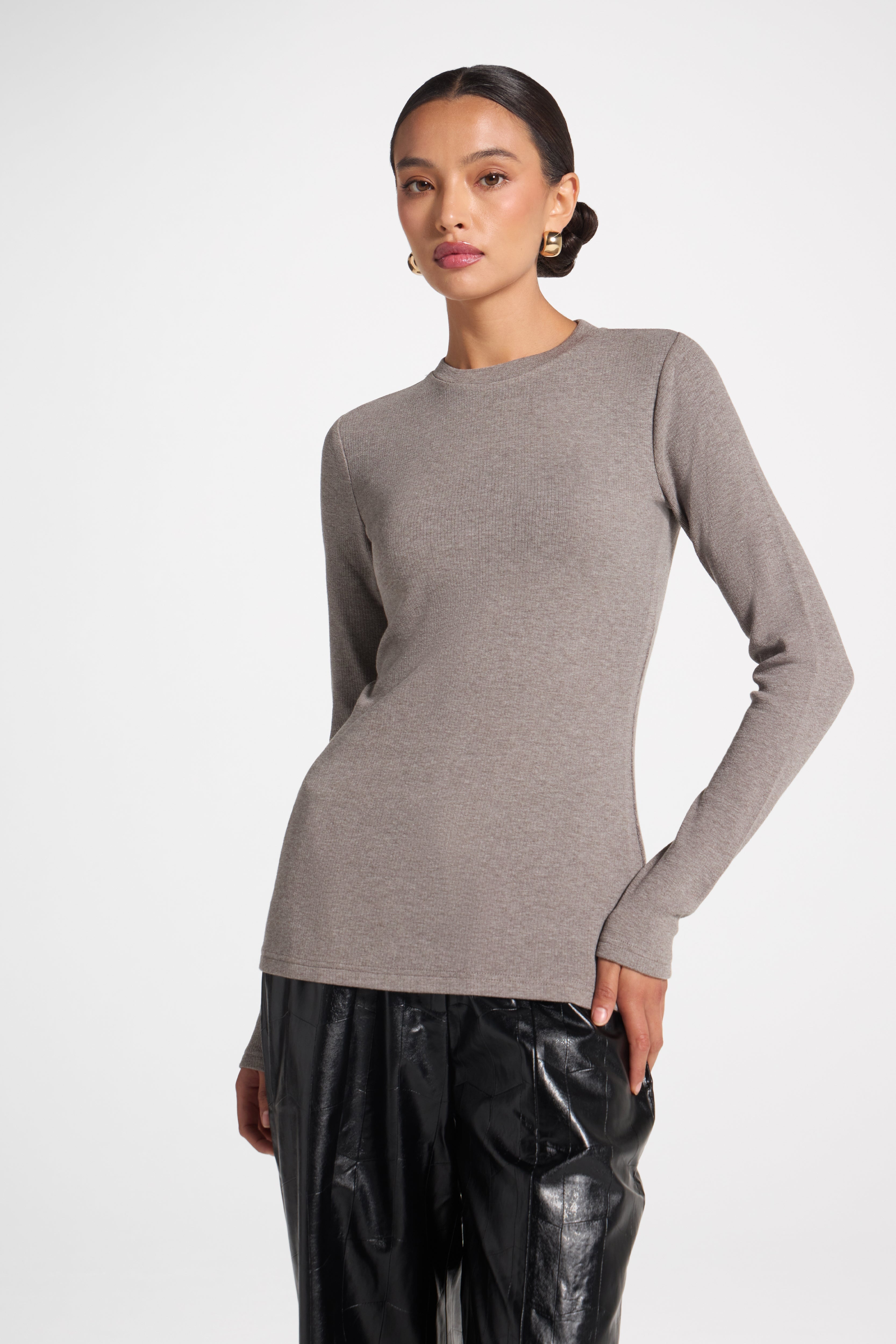 Brushed Cotton Blend Crew Neck Top - Heather Grey Top Veiled