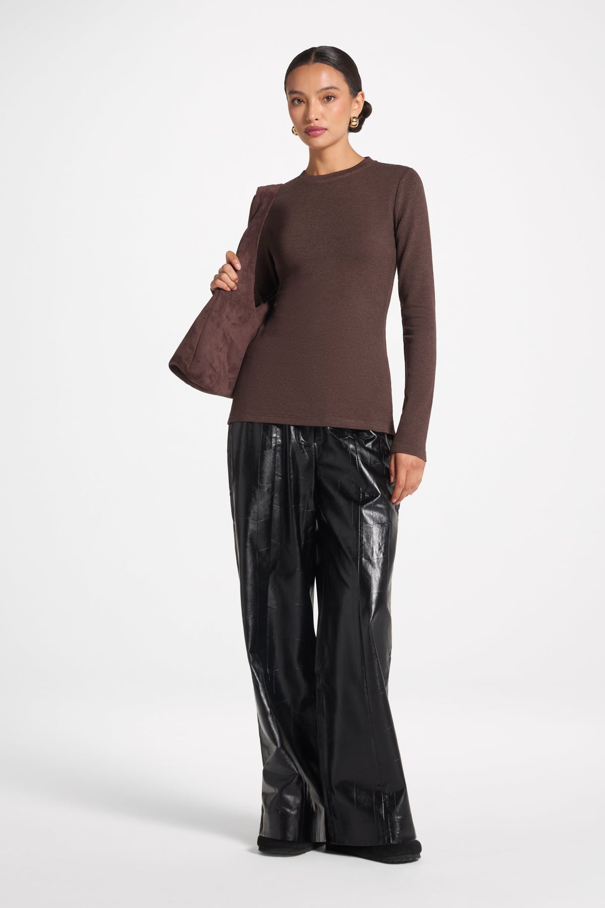 Brushed Cotton Blend Crew Neck Top - Heathered Brown Top Veiled