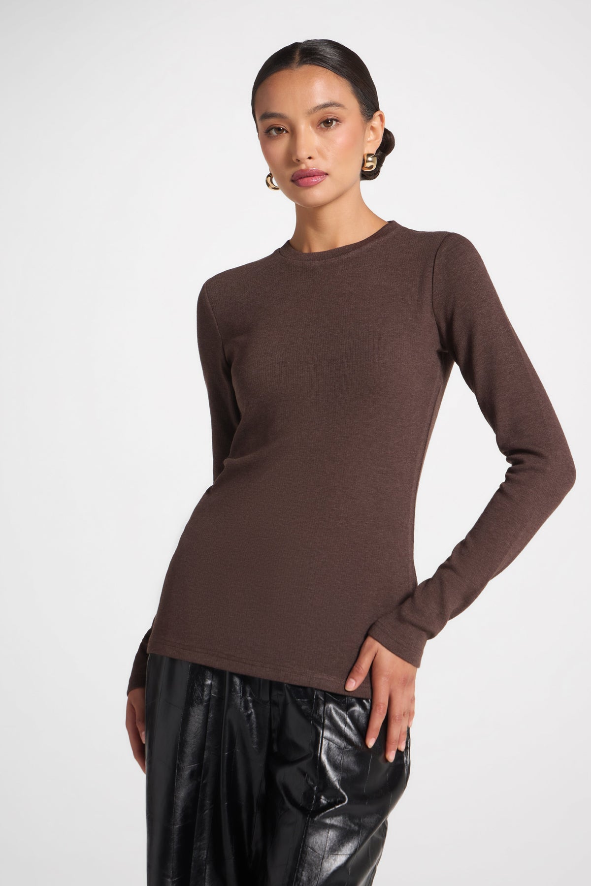 Brushed Cotton Blend Crew Neck Top - Heathered Brown Top Veiled