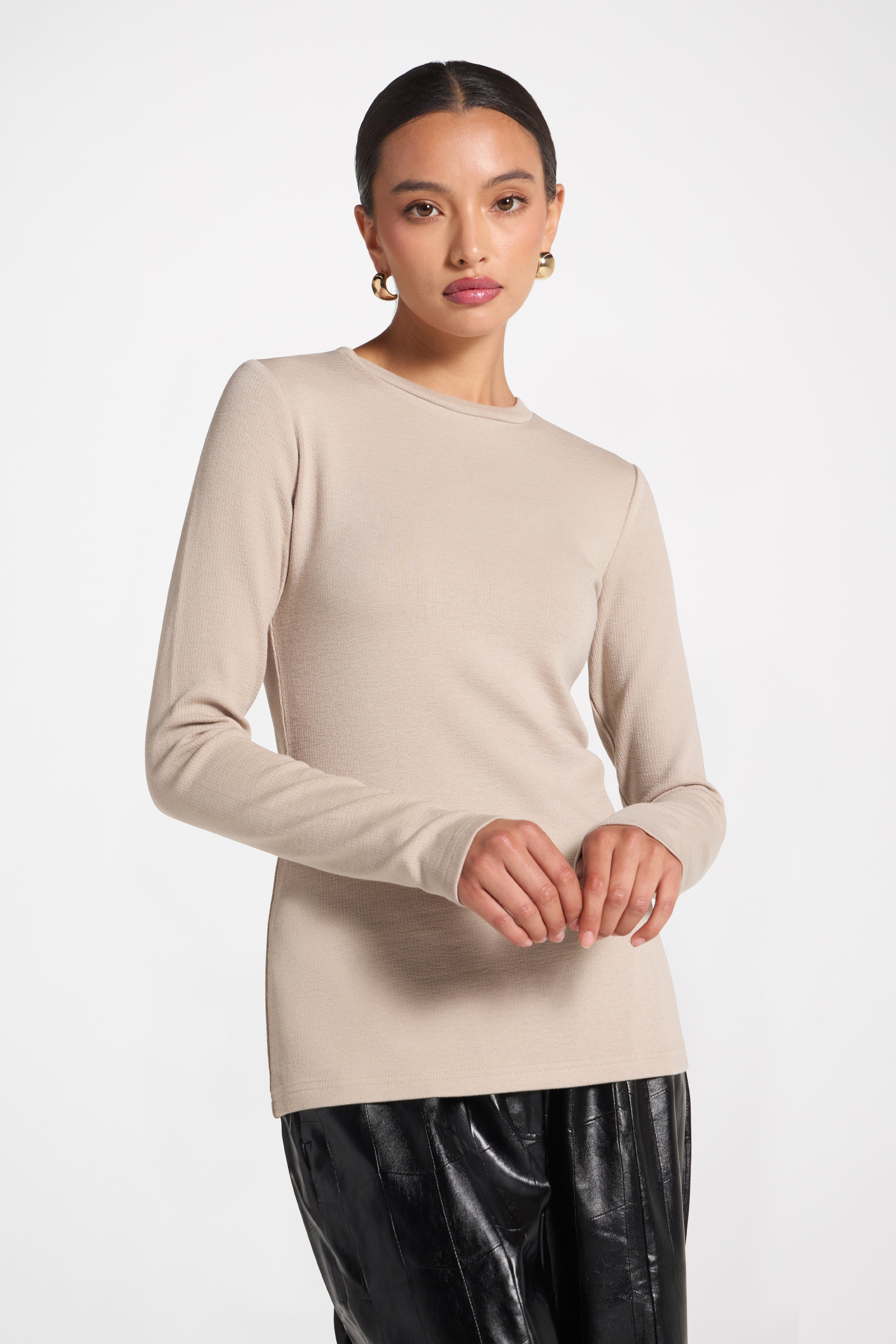 Brushed Cotton Blend Crew Neck Top - Taupe Top Veiled