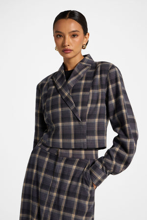 Brushed Plaid Cropped Jacket - Midnight Storm