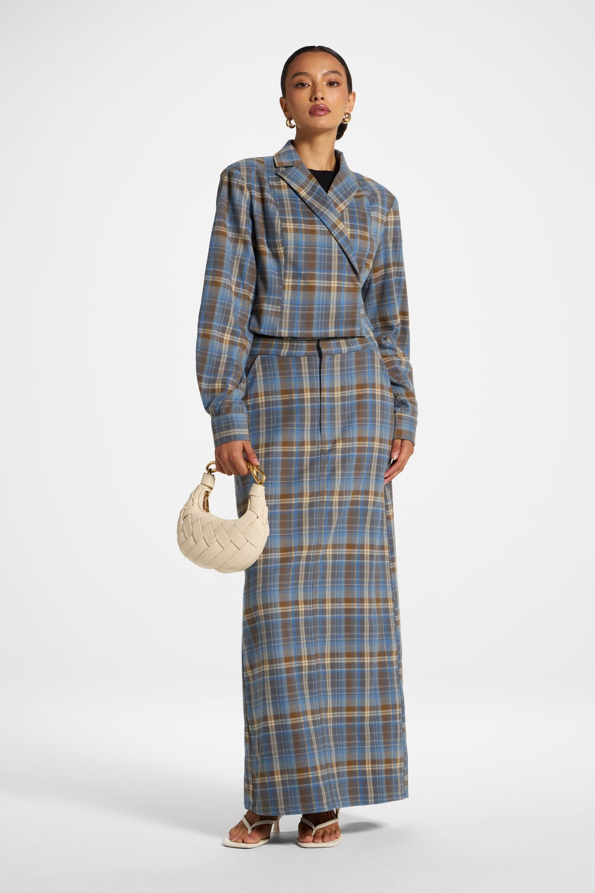 Brushed Plaid Cropped Jacket - Sky Jacket Veiled