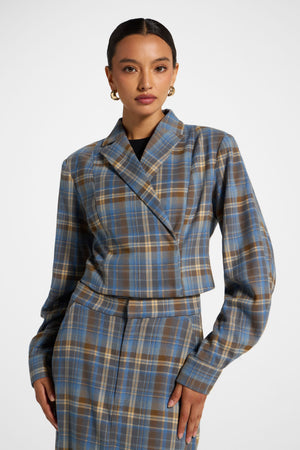 Brushed Plaid Cropped Jacket - Sky