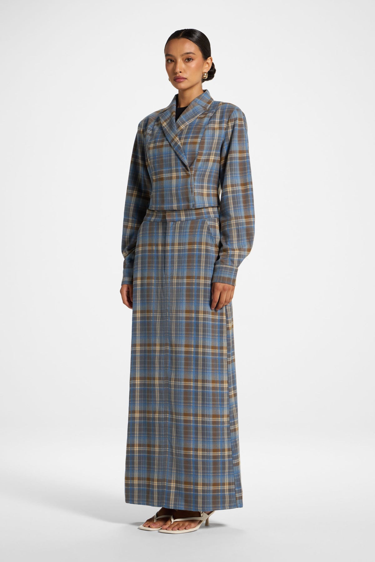 Brushed Plaid Cropped Jacket - Sky Jacket Veiled