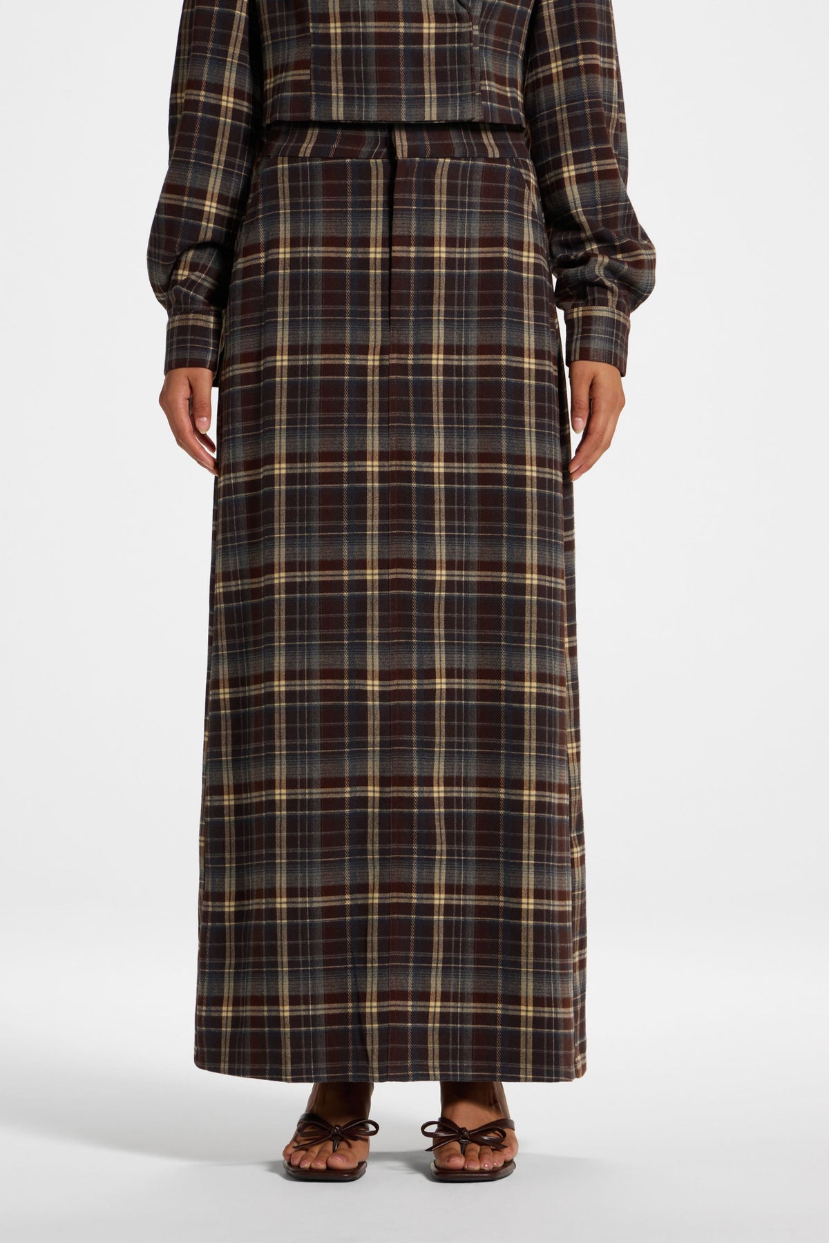 Brushed Plaid Maxi Skirt - Midnight Espresso Skirt Veiled