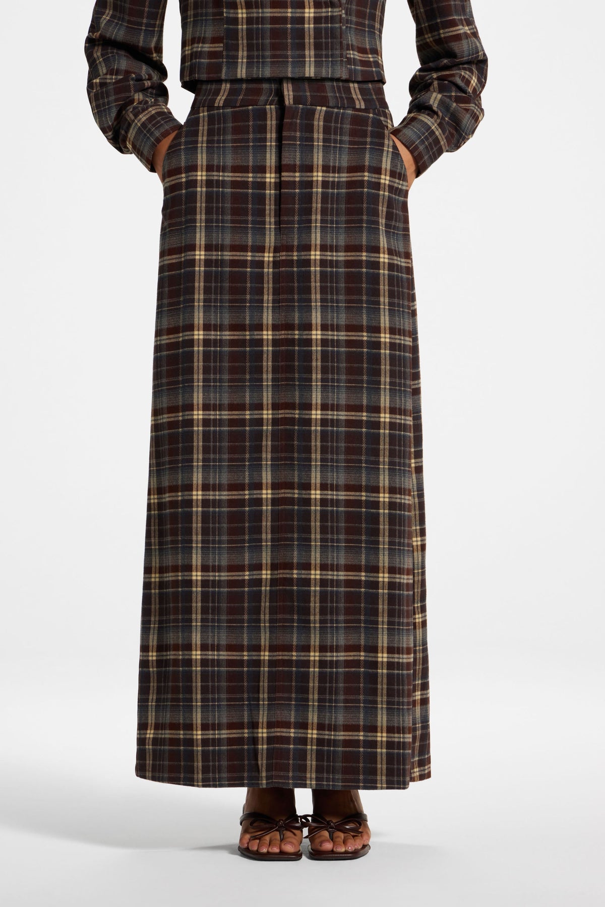 Brushed Plaid Maxi Skirt - Midnight Espresso Skirt Veiled