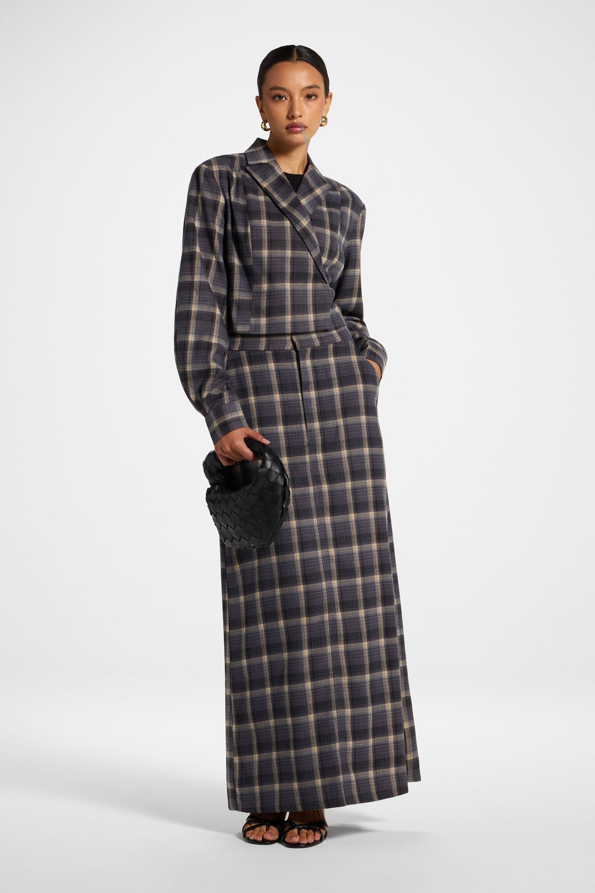 Brushed Plaid Maxi Skirt - Midnight Storm Skirt Veiled