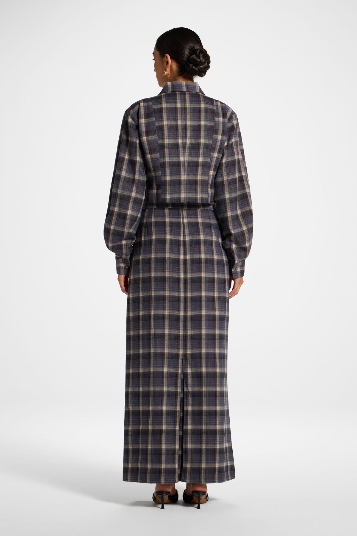 Brushed Plaid Maxi Skirt - Midnight Storm Skirt Veiled