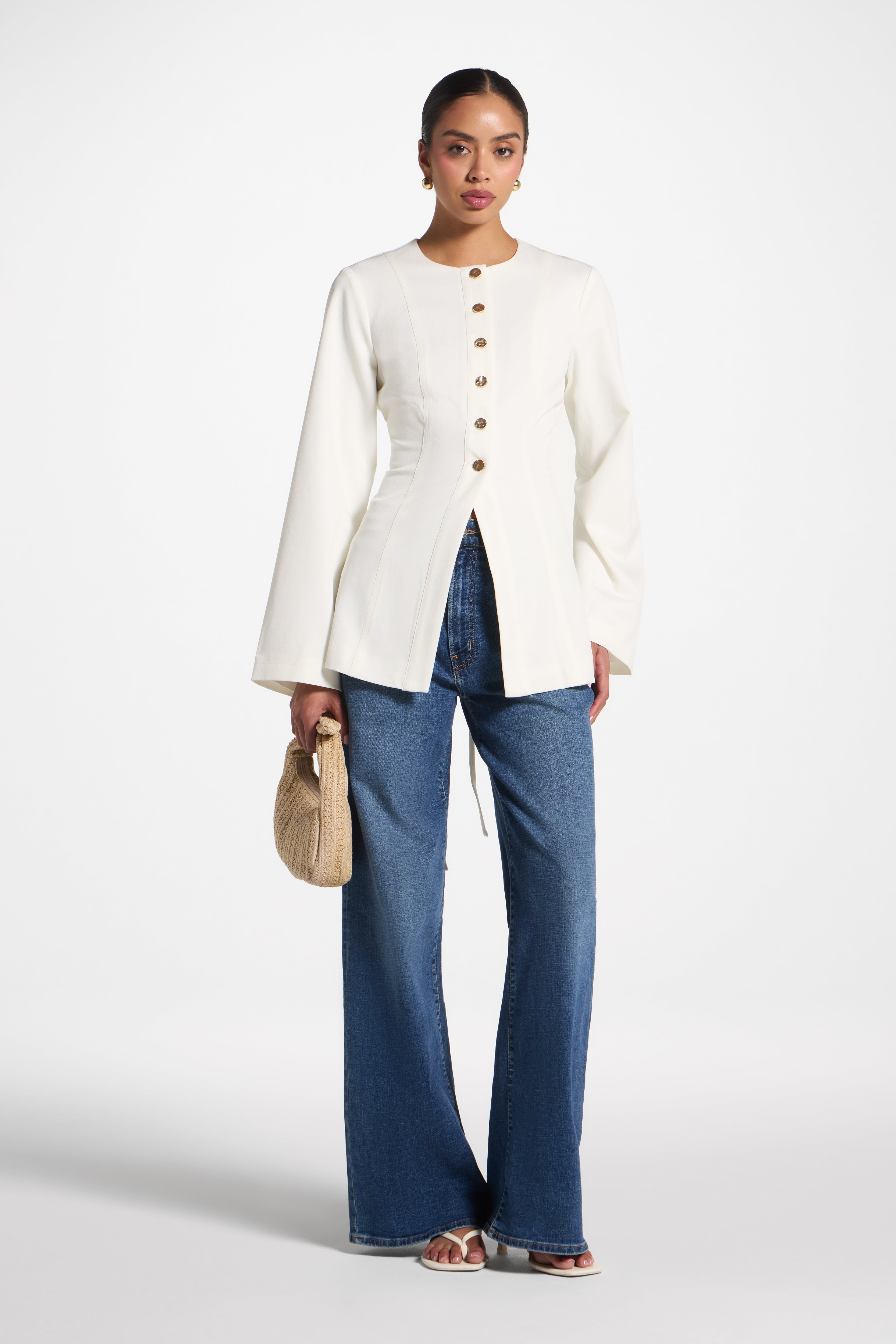 Button Up Cinch Top - White Abayas Veiled