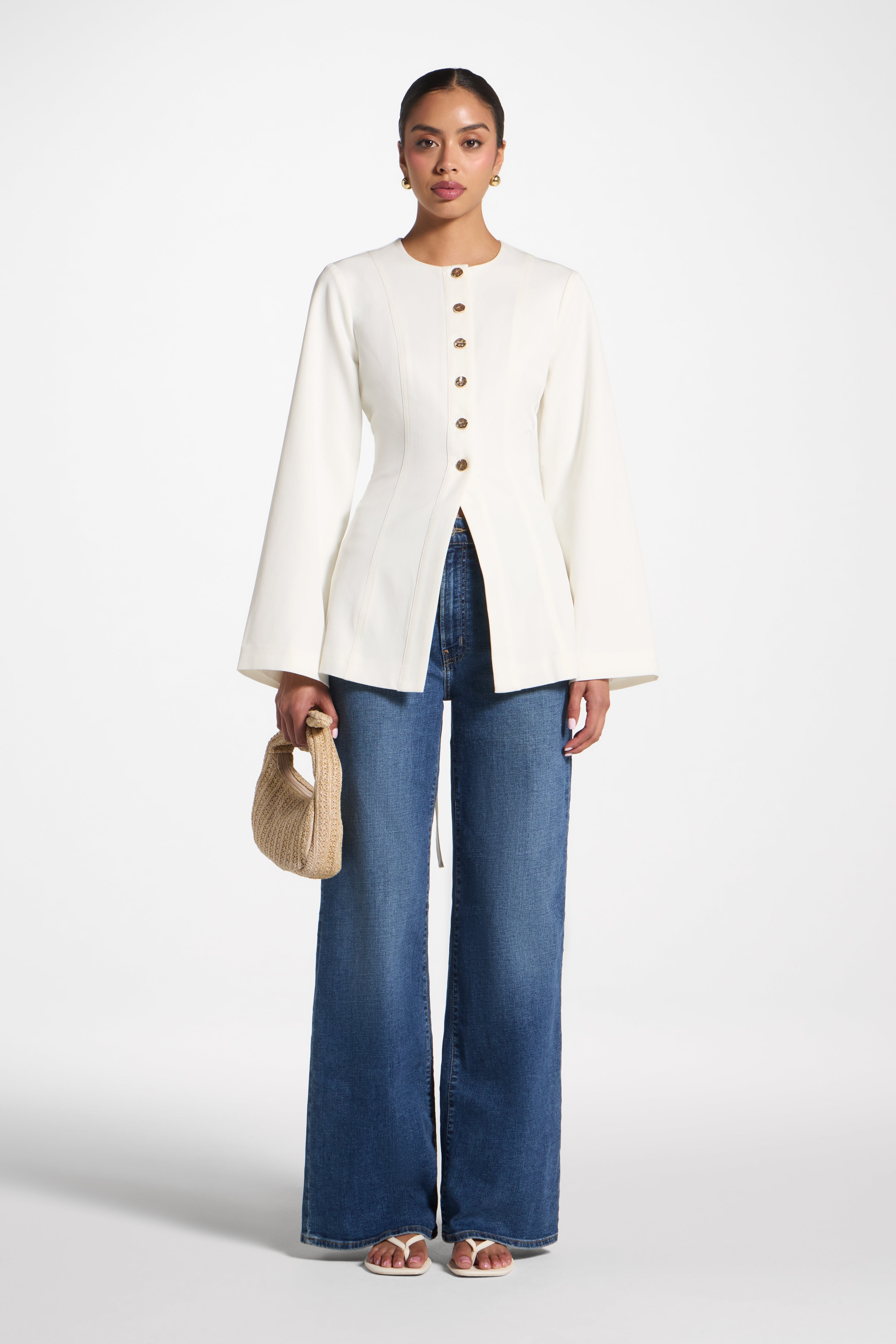 Button Up Cinch Top - White Abayas Veiled