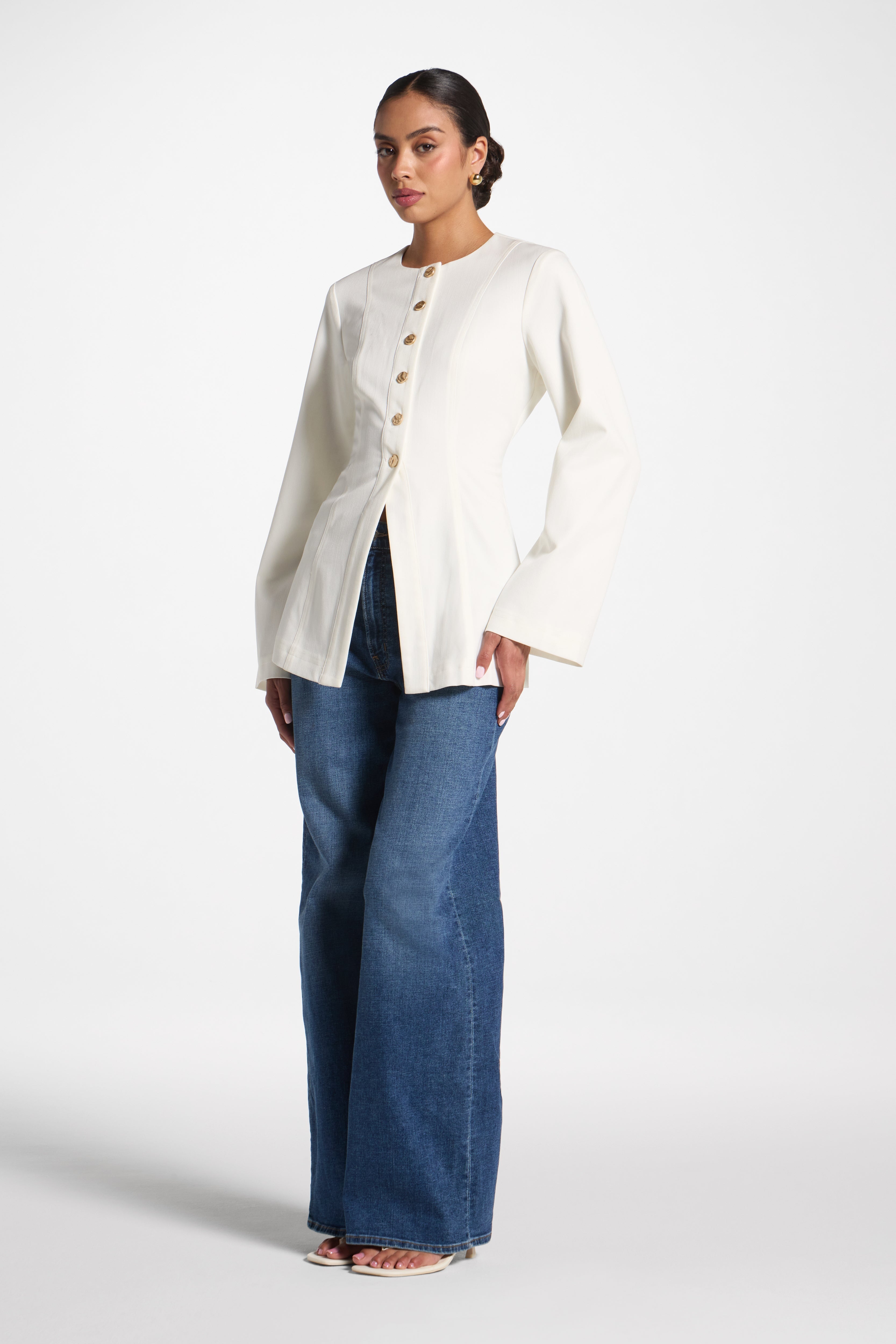 Button Up Cinch Top - White Abayas Veiled