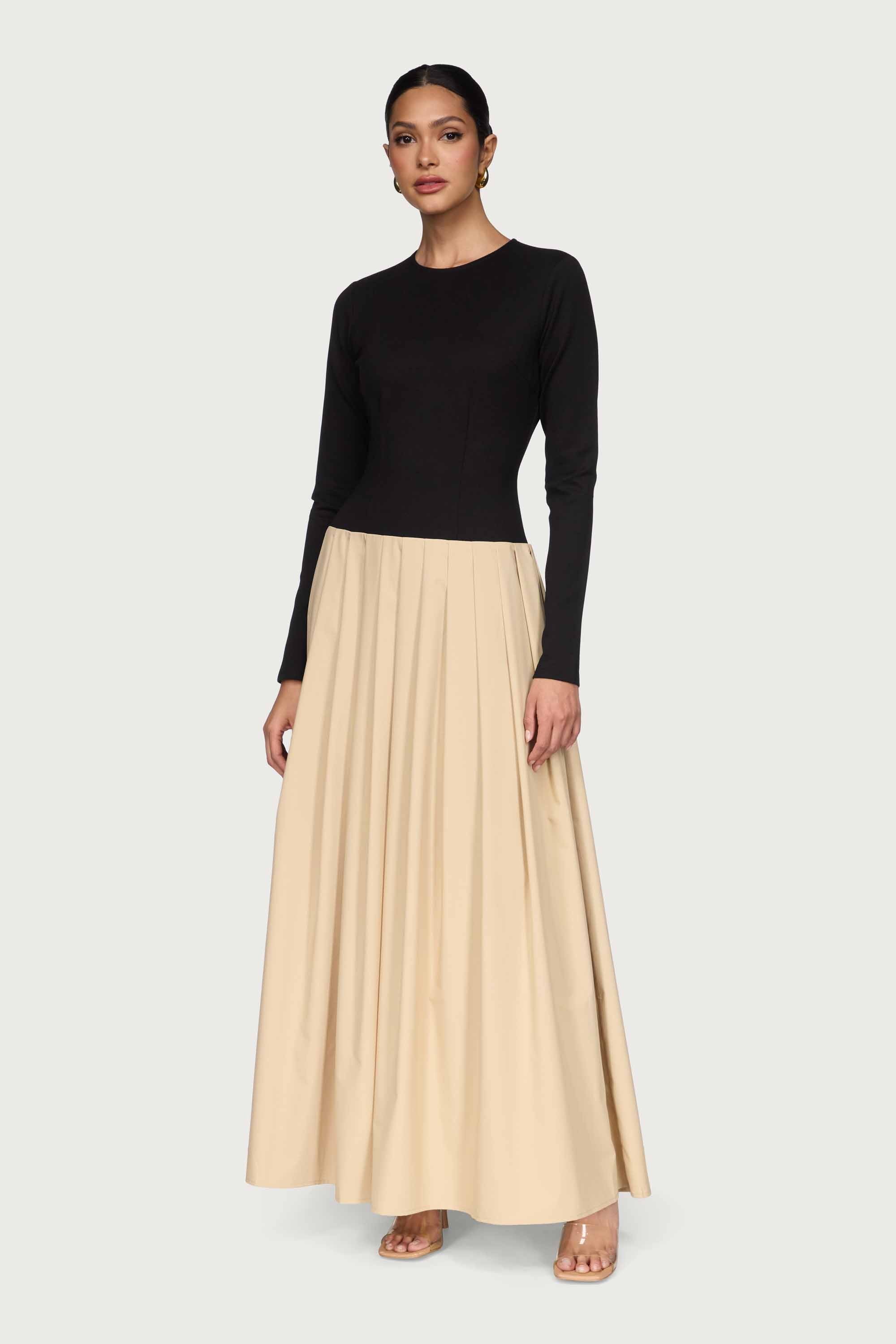 Camella Drop Waist Pleated Maxi Dress - Black/Beige Dresses Veiled