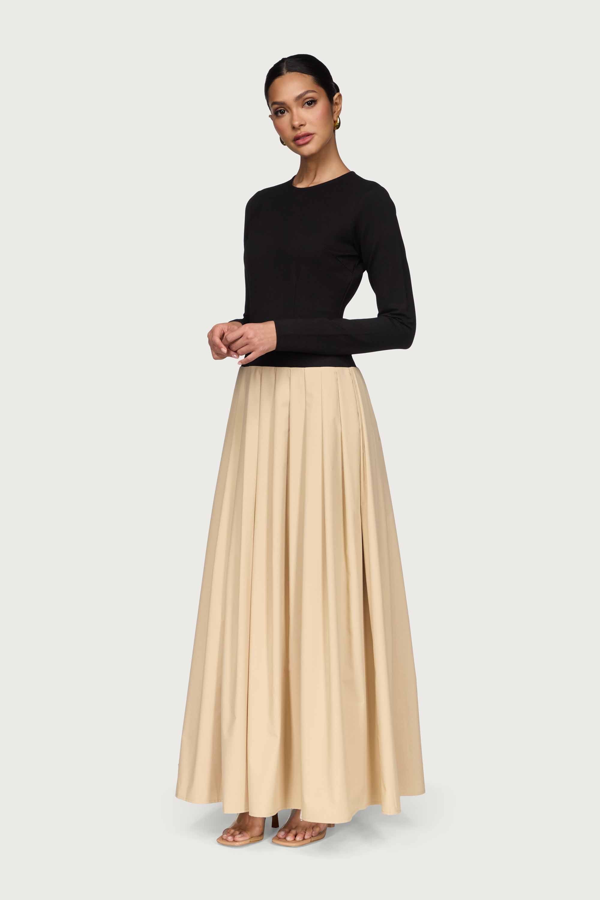 Camella Drop Waist Pleated Maxi Dress - Black/Beige Dresses Veiled