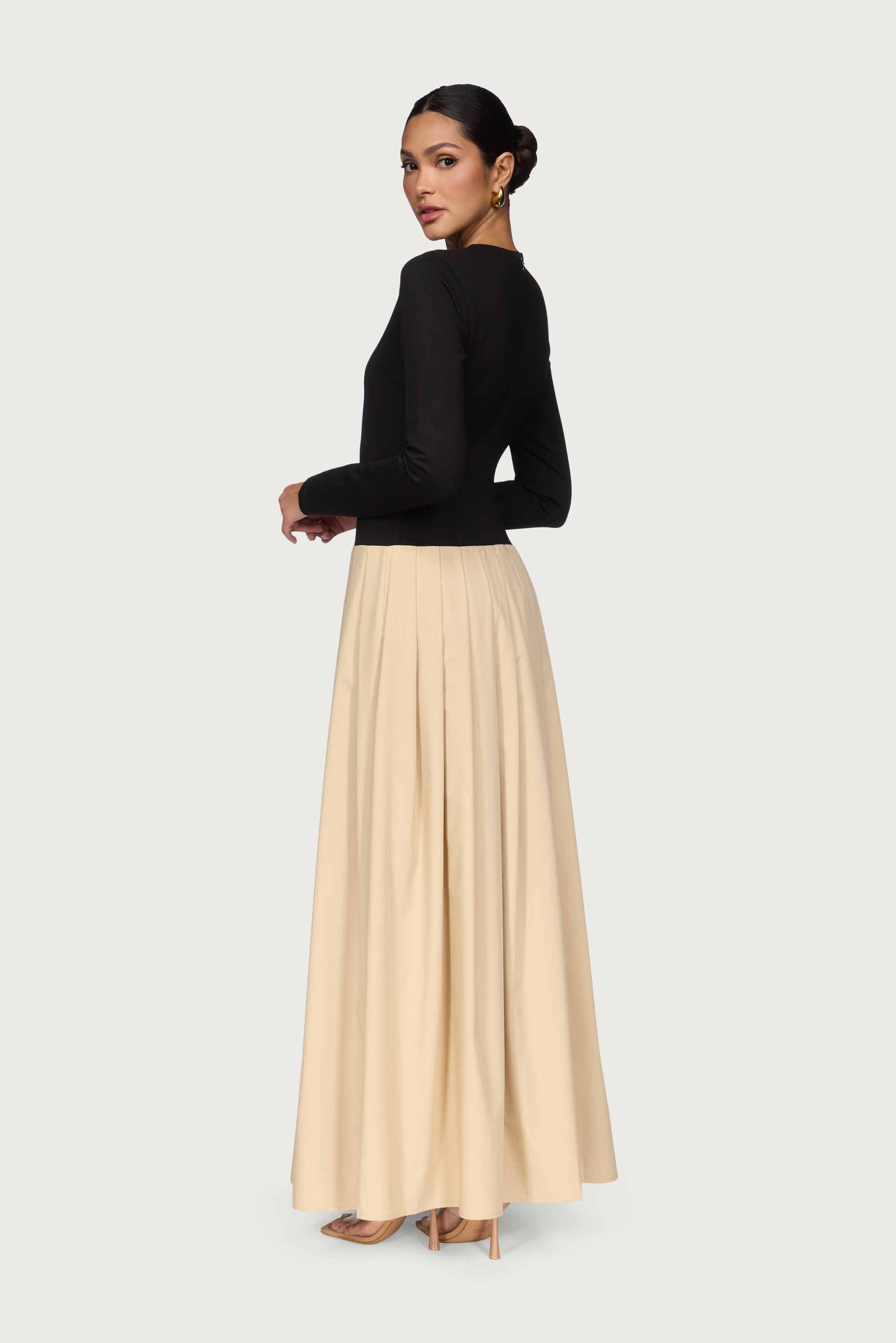 Camella Drop Waist Pleated Maxi Dress - Black/Beige Dresses Veiled