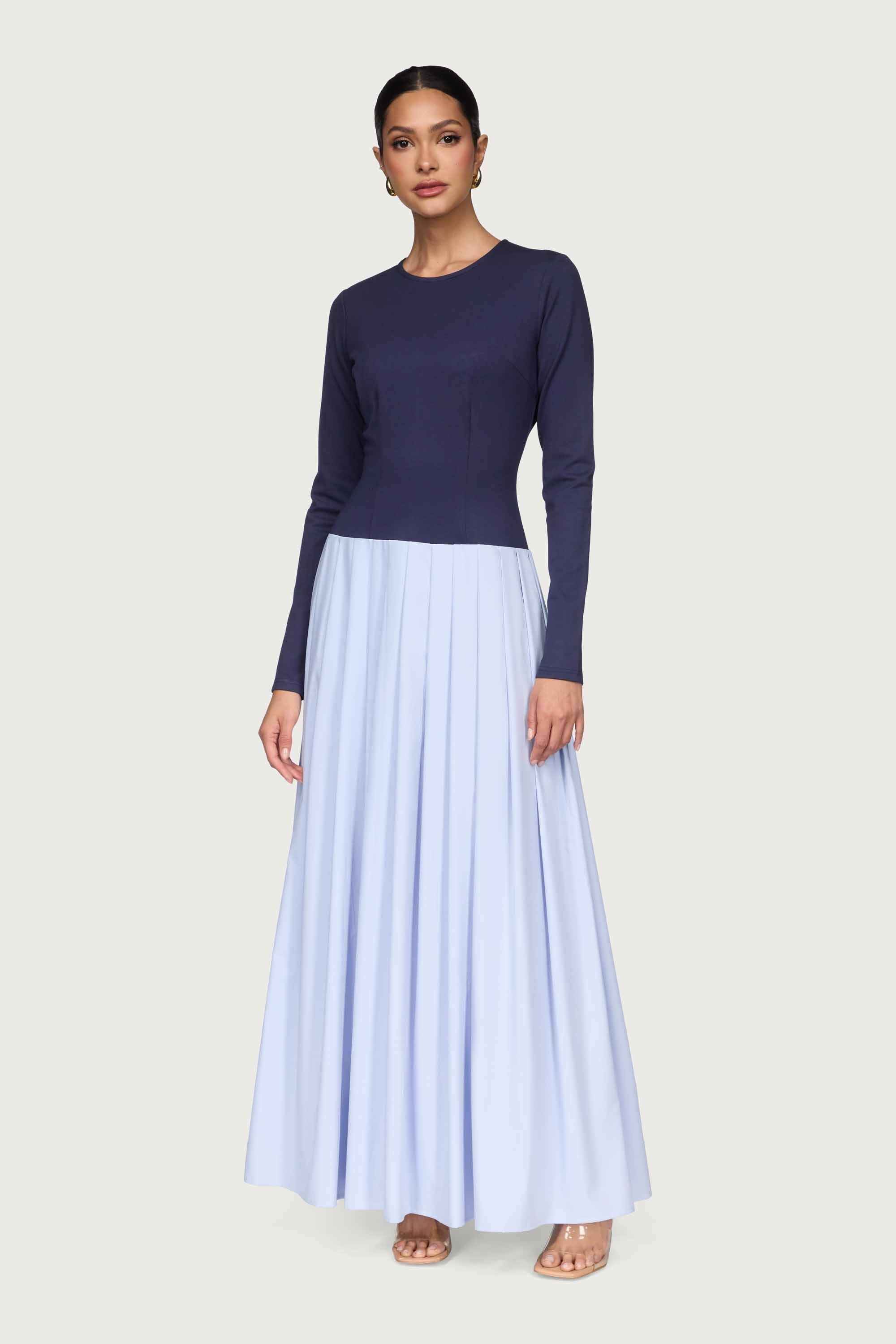Camella Drop Waist Pleated Maxi Dress - Navy Prep Dresses Veiled