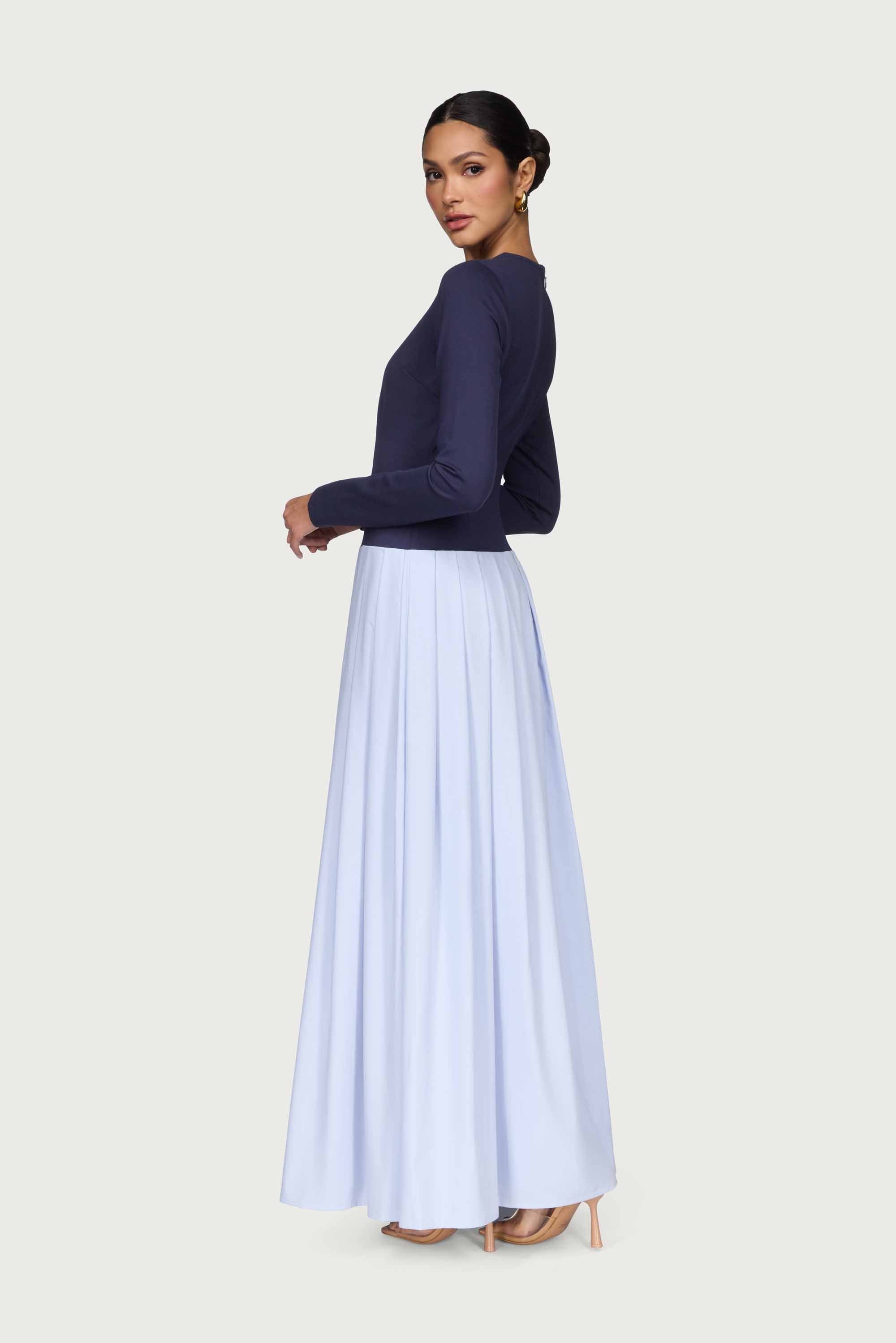 Camella Drop Waist Pleated Maxi Dress - Navy Prep Dresses Veiled