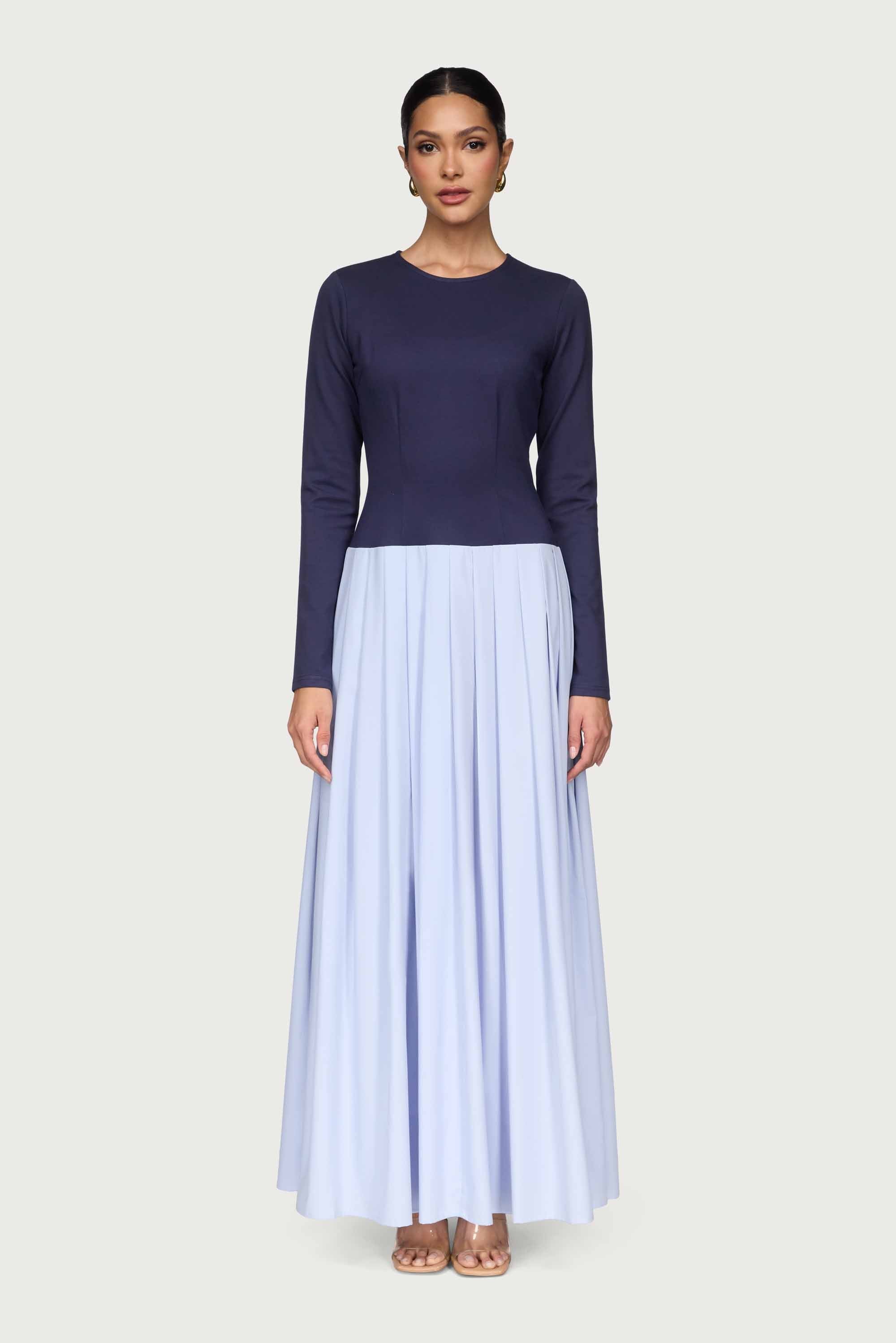 Camella Drop Waist Pleated Maxi Dress - Navy Prep Dresses Veiled