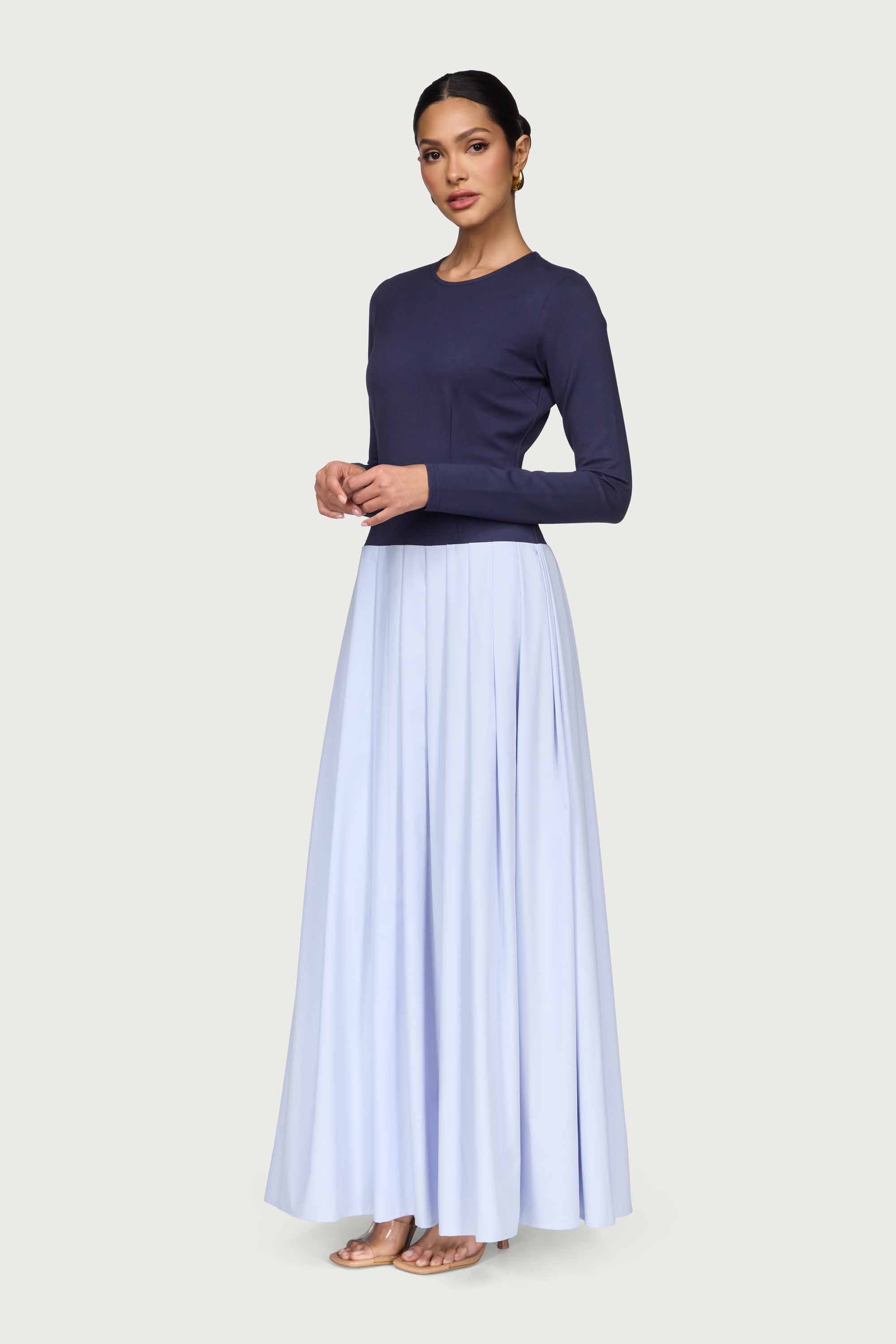 Camella Drop Waist Pleated Maxi Dress - Navy Prep Dresses Veiled