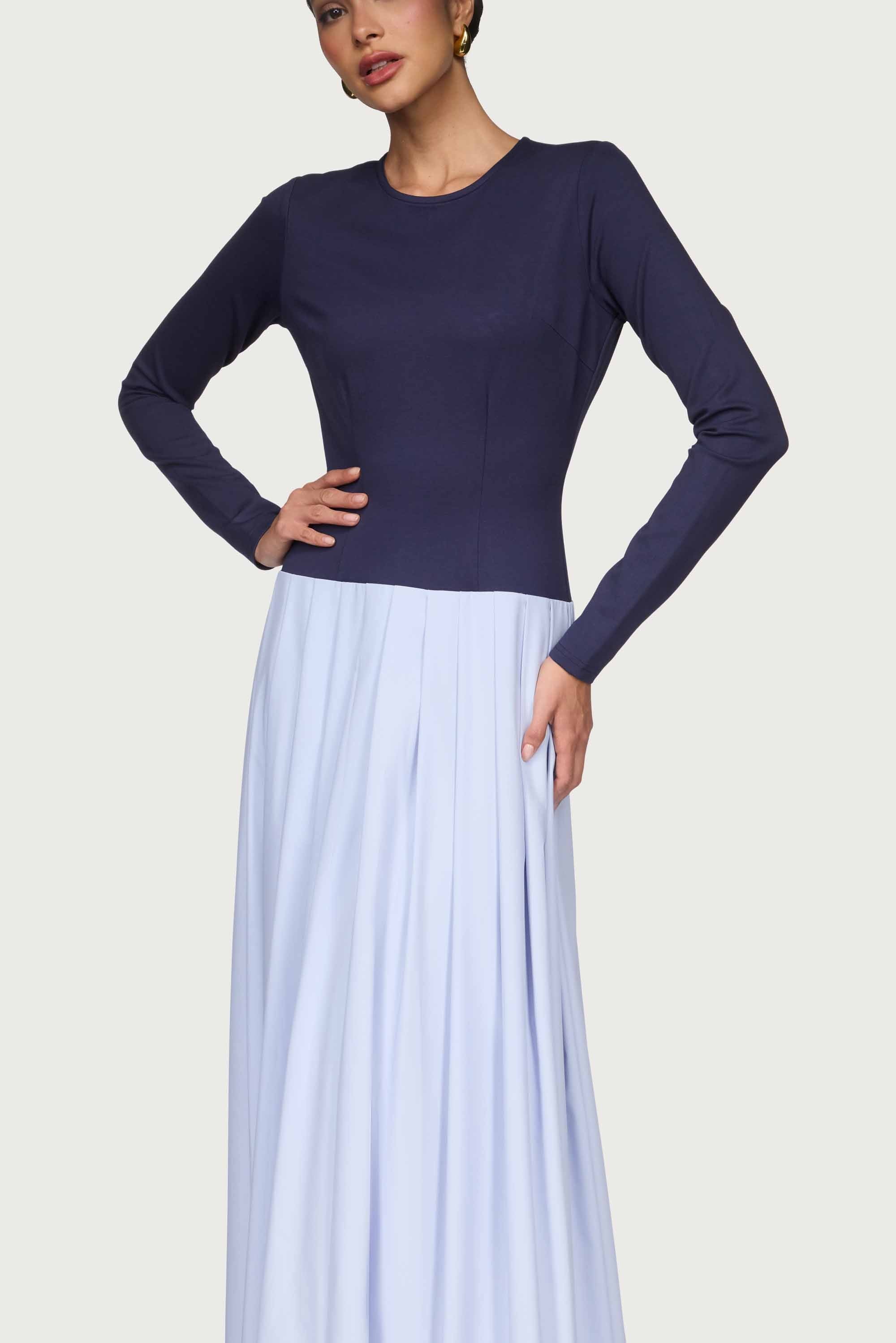 Camella Drop Waist Pleated Maxi Dress - Navy Prep Dresses Veiled