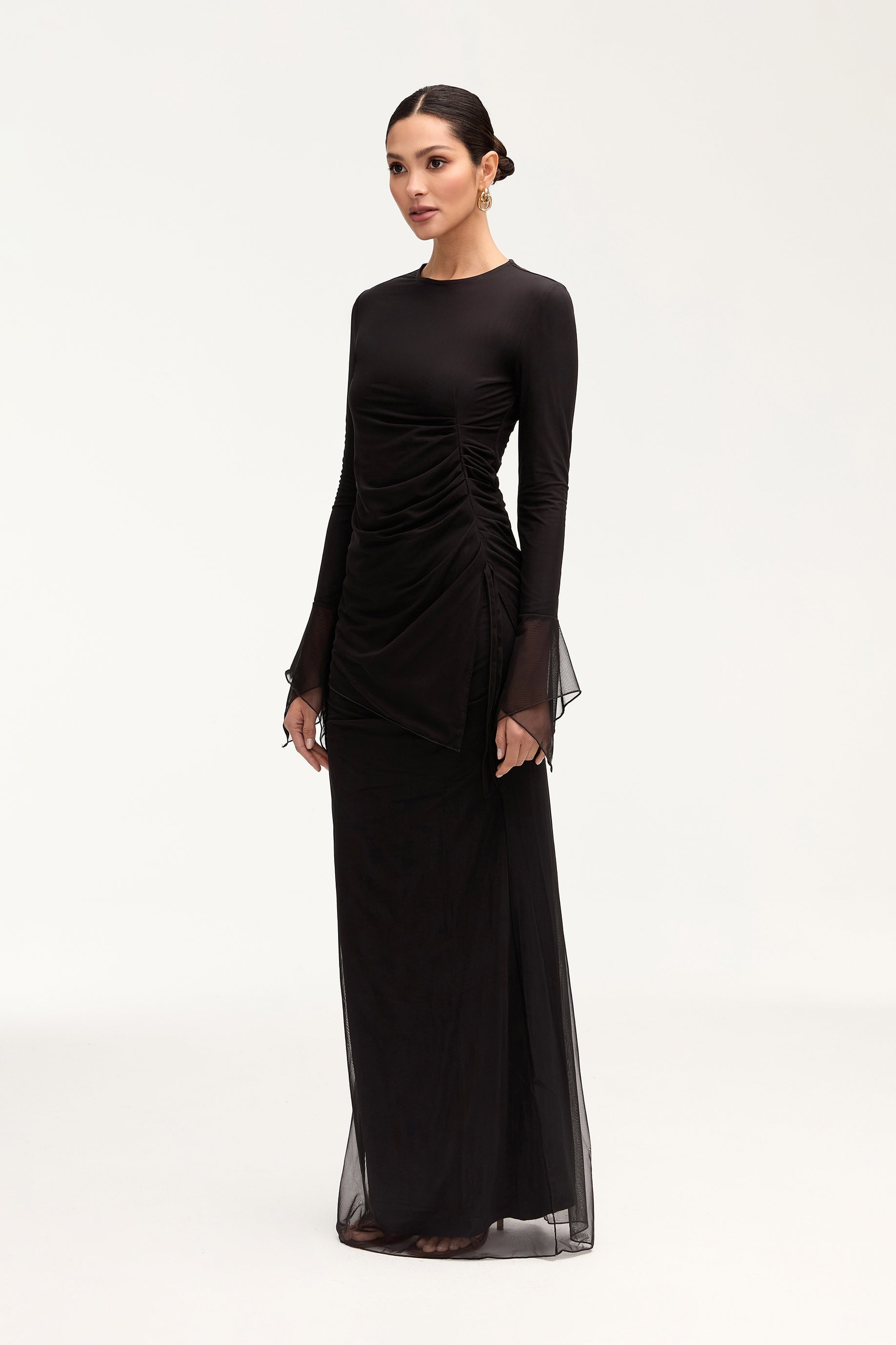 Capri Rouched Mesh Maxi Skirt - Black Clothing Veiled