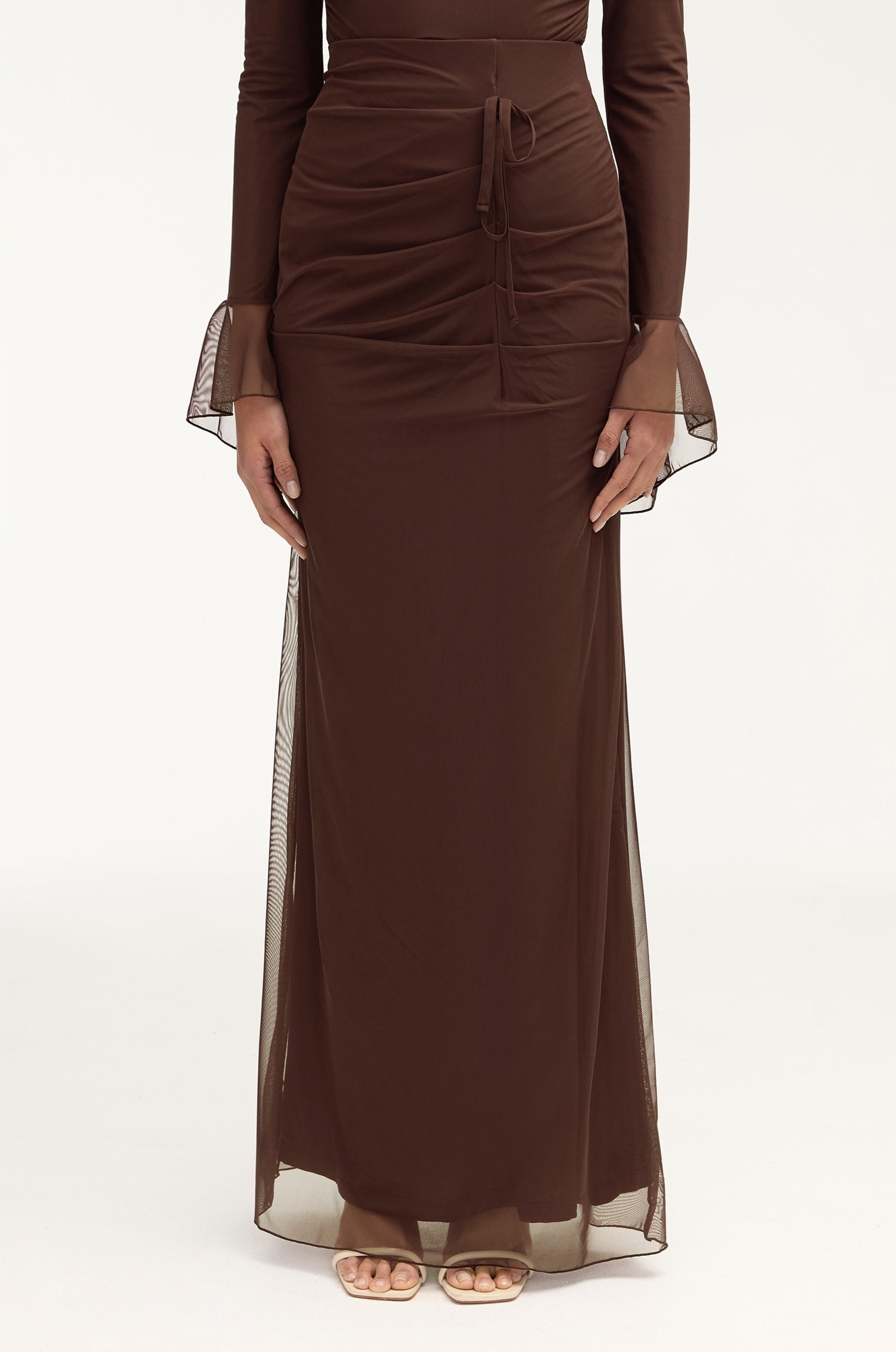 Capri Rouched Mesh Maxi Skirt - Espresso Clothing Veiled