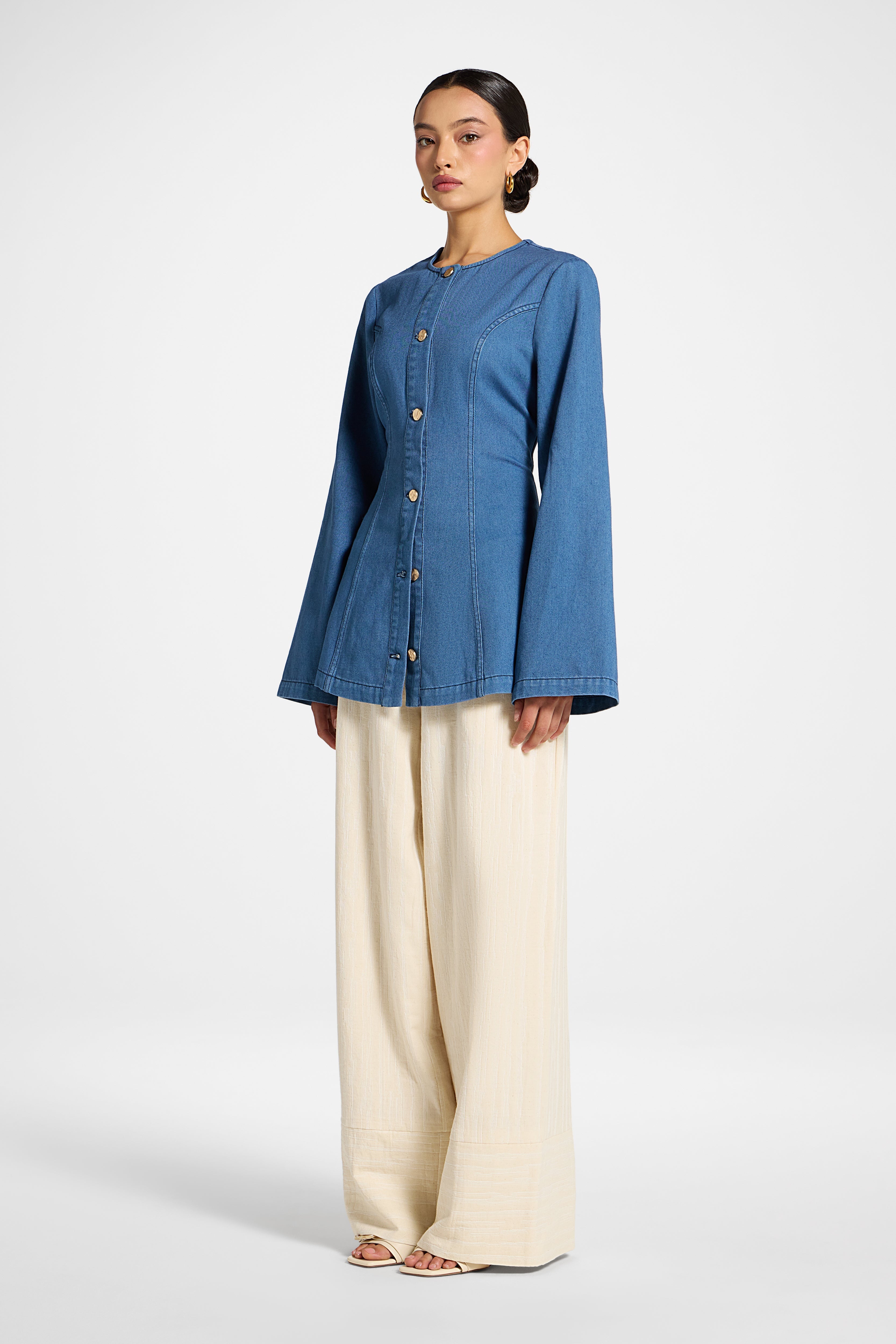Cinch Denim Jacket Top - Mid Wash Abayas Veiled