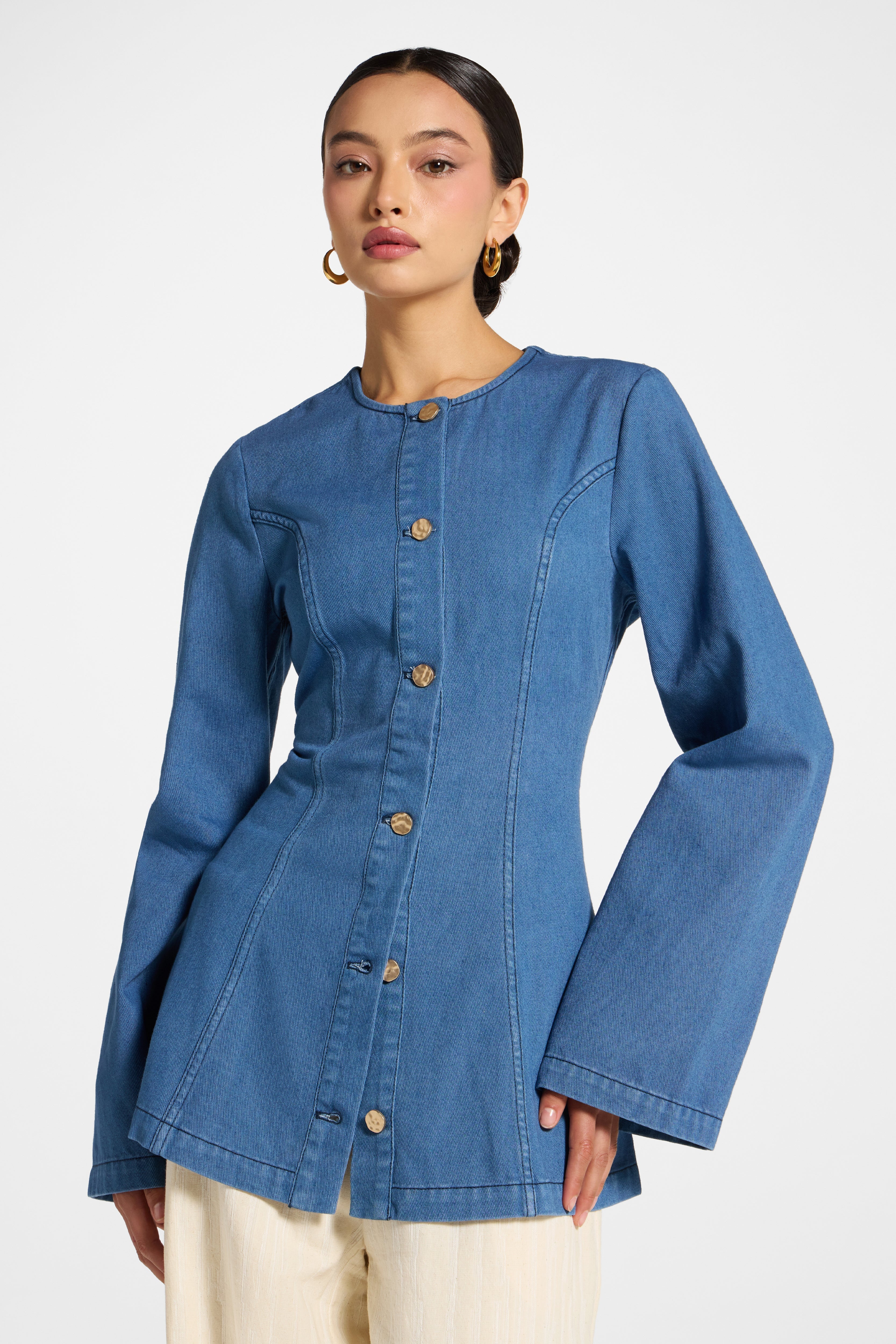 Cinch Denim Jacket Top - Mid Wash Abayas Veiled