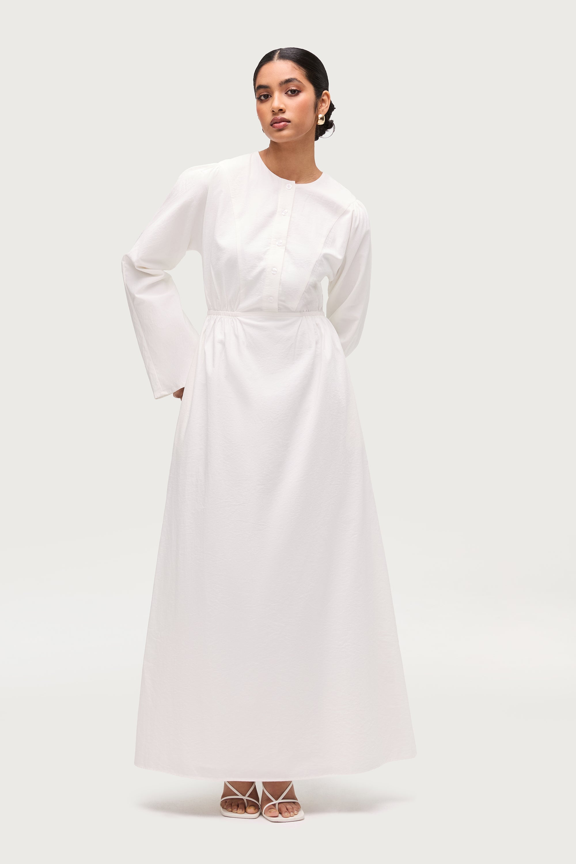 Cotton Blend Button Front Maxi Dress - White Xs / 56" Cotton Blend Button Front Maxi Dress - White Xs / 56"