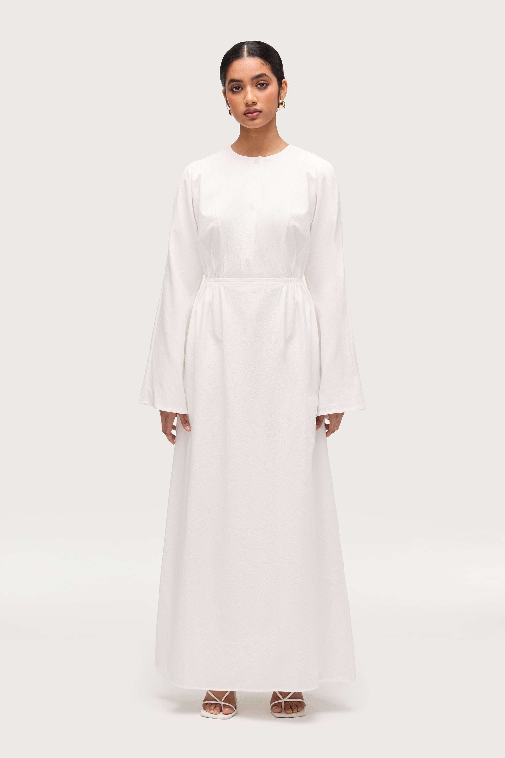 Cotton Blend Button Front Maxi Dress - White Dresses Veiled