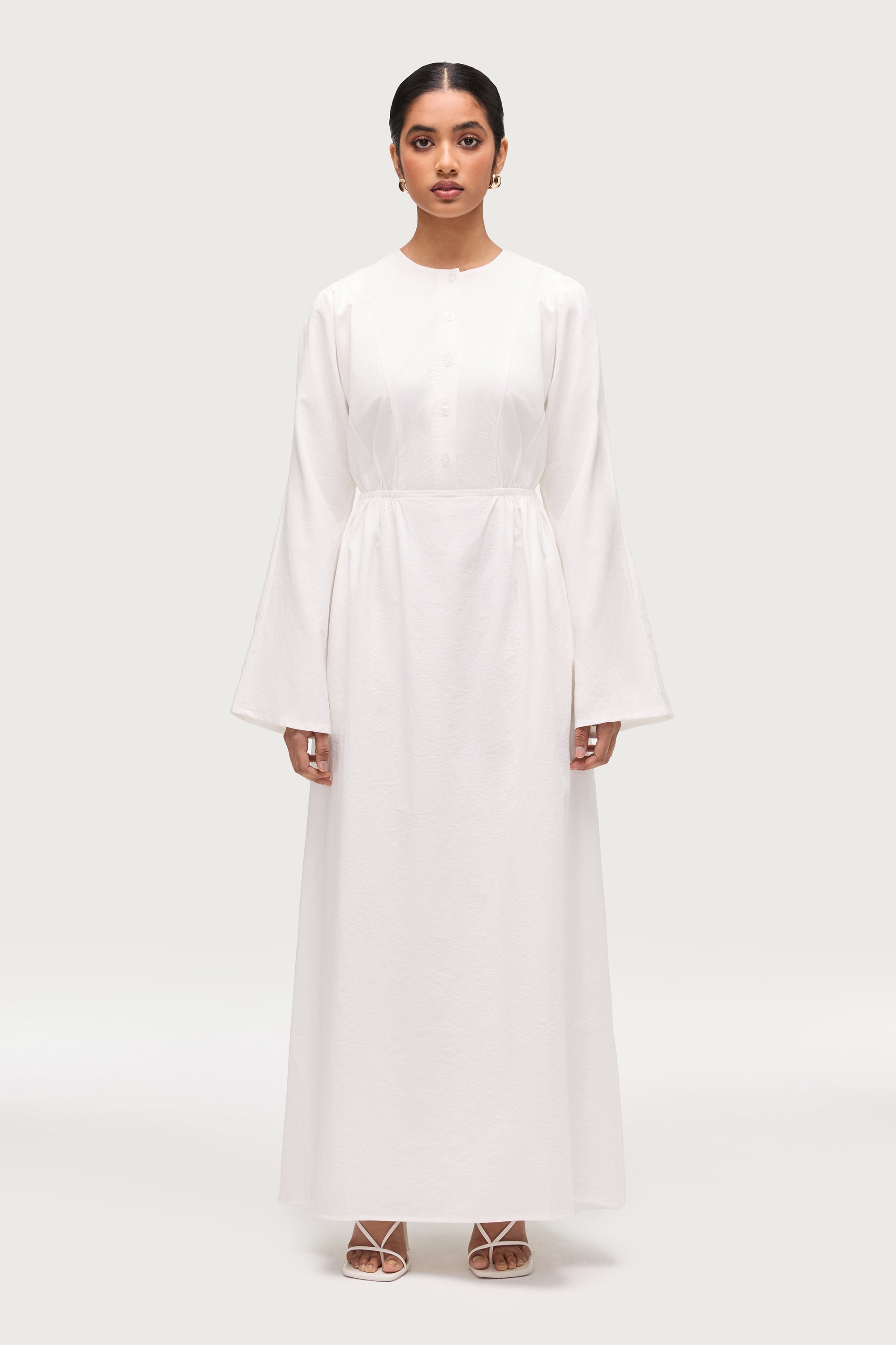 Cotton Blend Button Front Maxi Dress - White Dresses Veiled