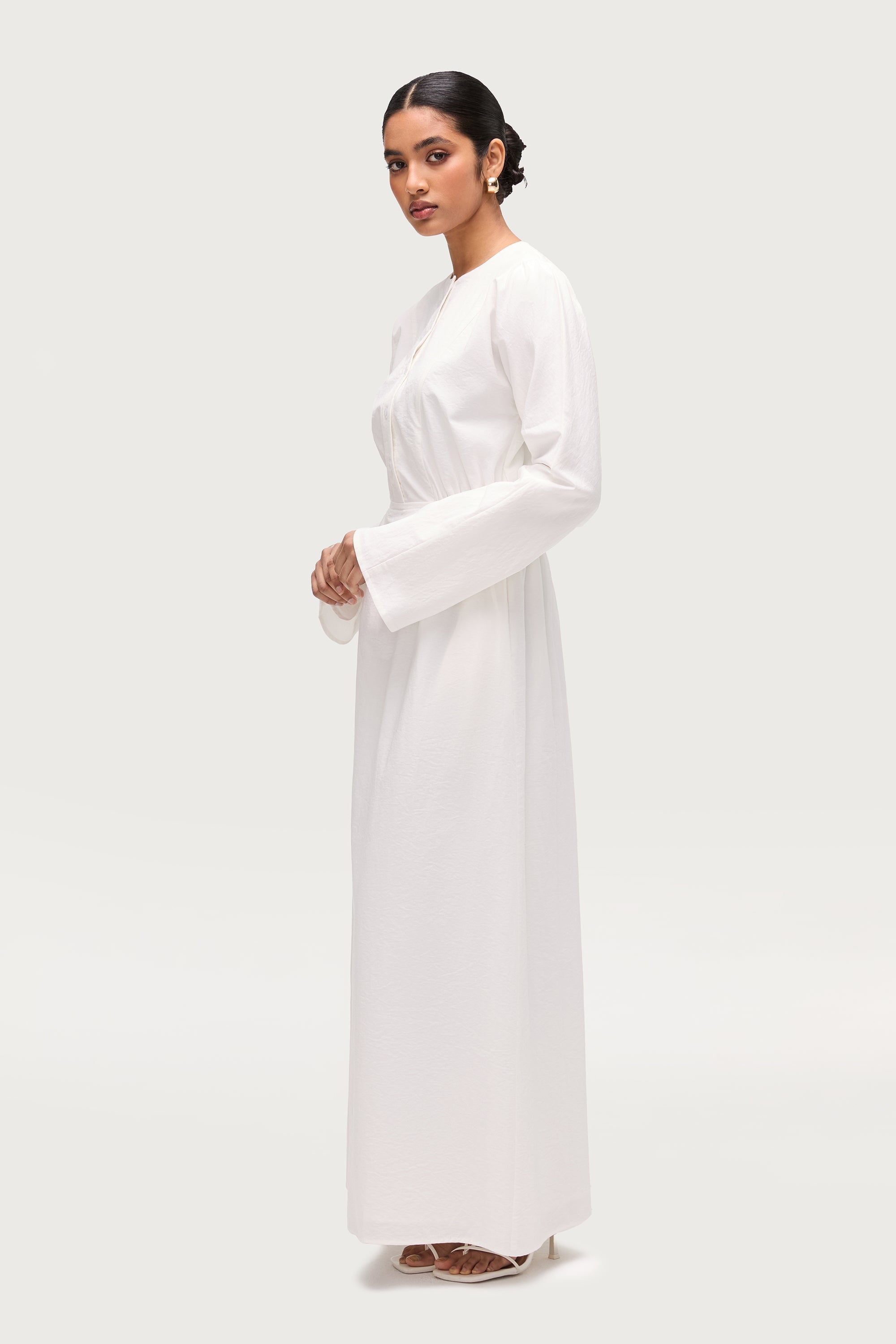Cotton Blend Button Front Maxi Dress - White Dresses Veiled