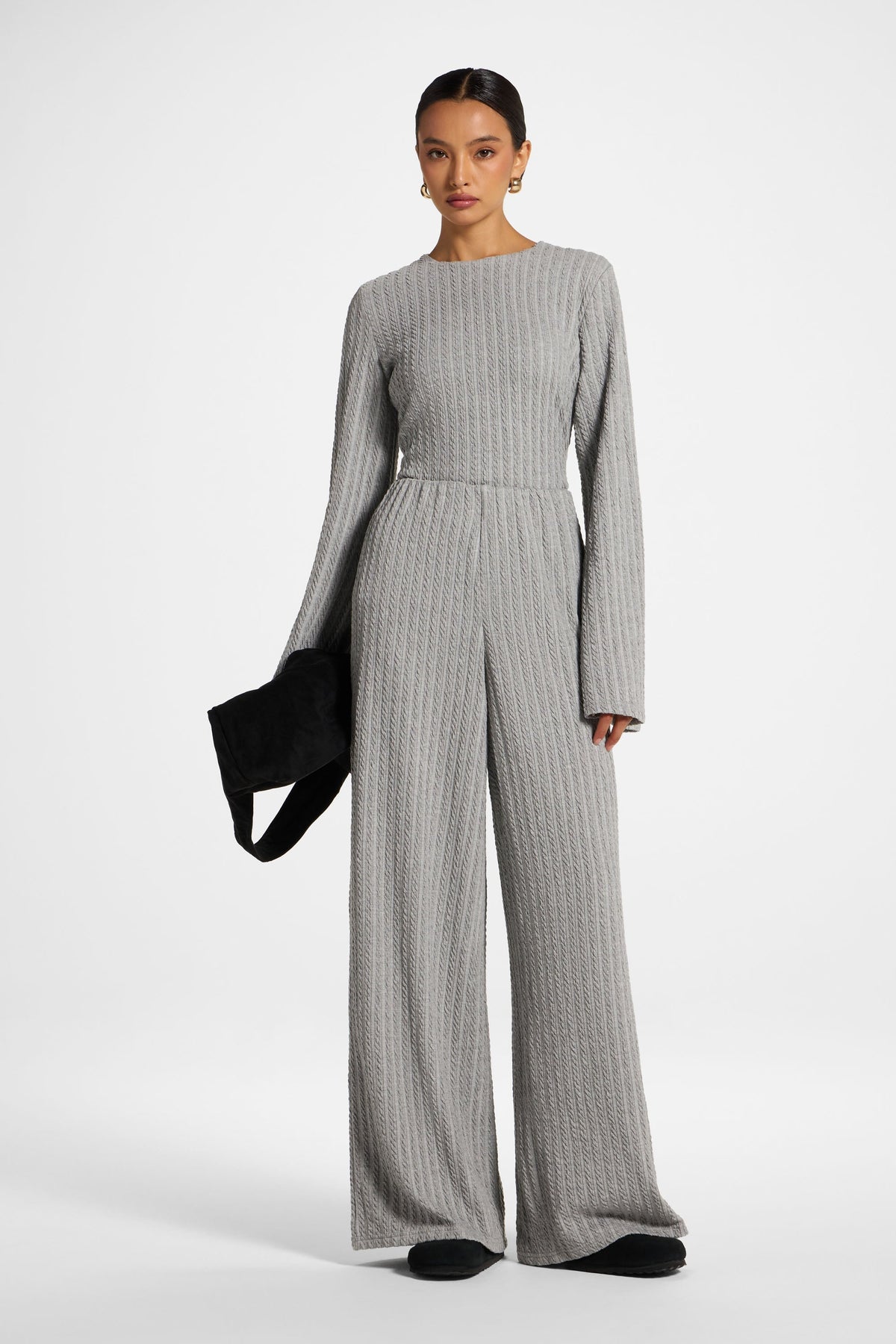 Cotton Blend Wide Leg Pants - Charcoal Top Veiled