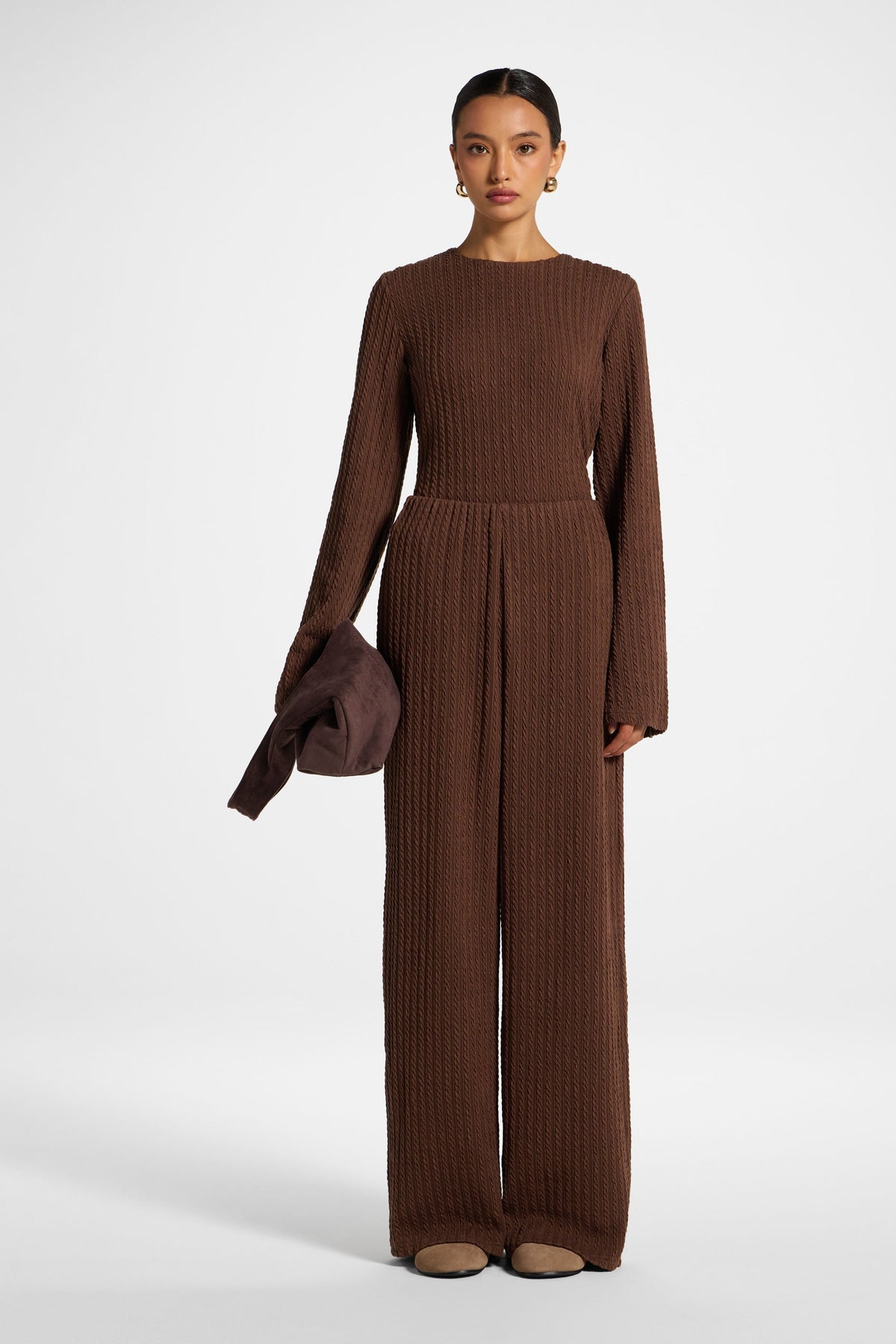 Cotton Blend Wide Leg Pants - Coffee Quartz Top Veiled