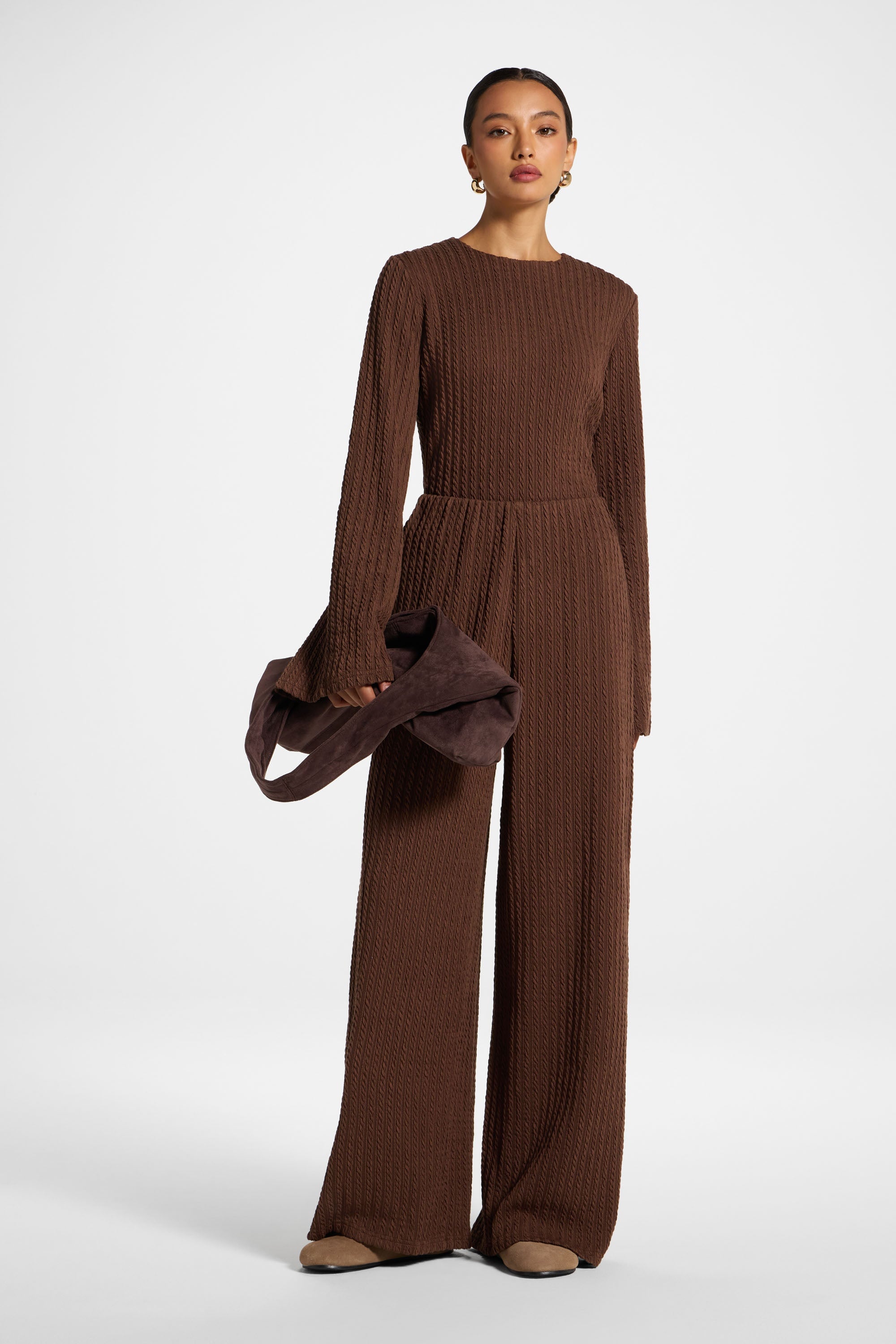 Cotton Blend Wide Leg Pants - Coffee Quartz Top Veiled