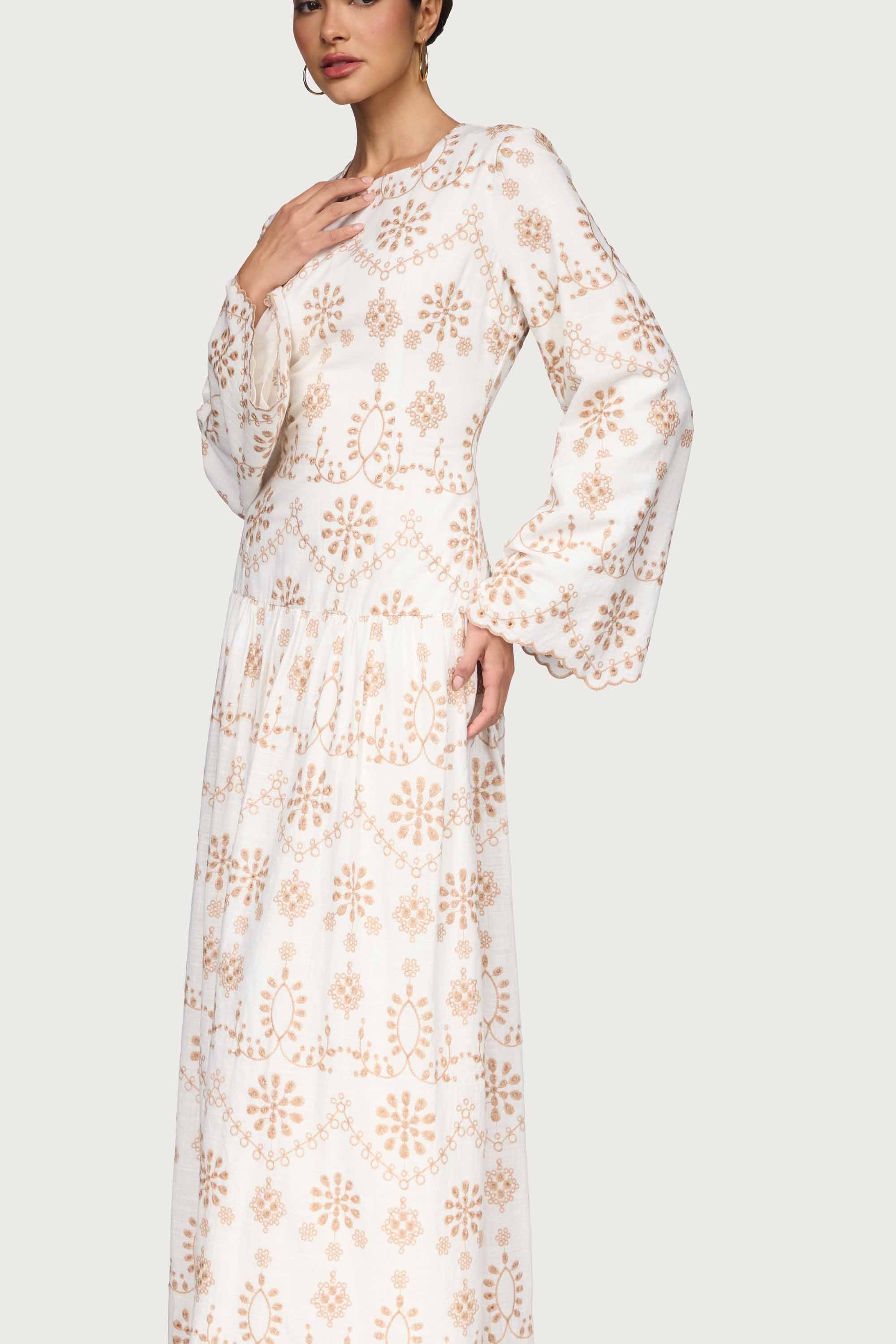 Cotton Eyelet Embroidered Drop Waist Maxi Dress - White Dresses Veiled