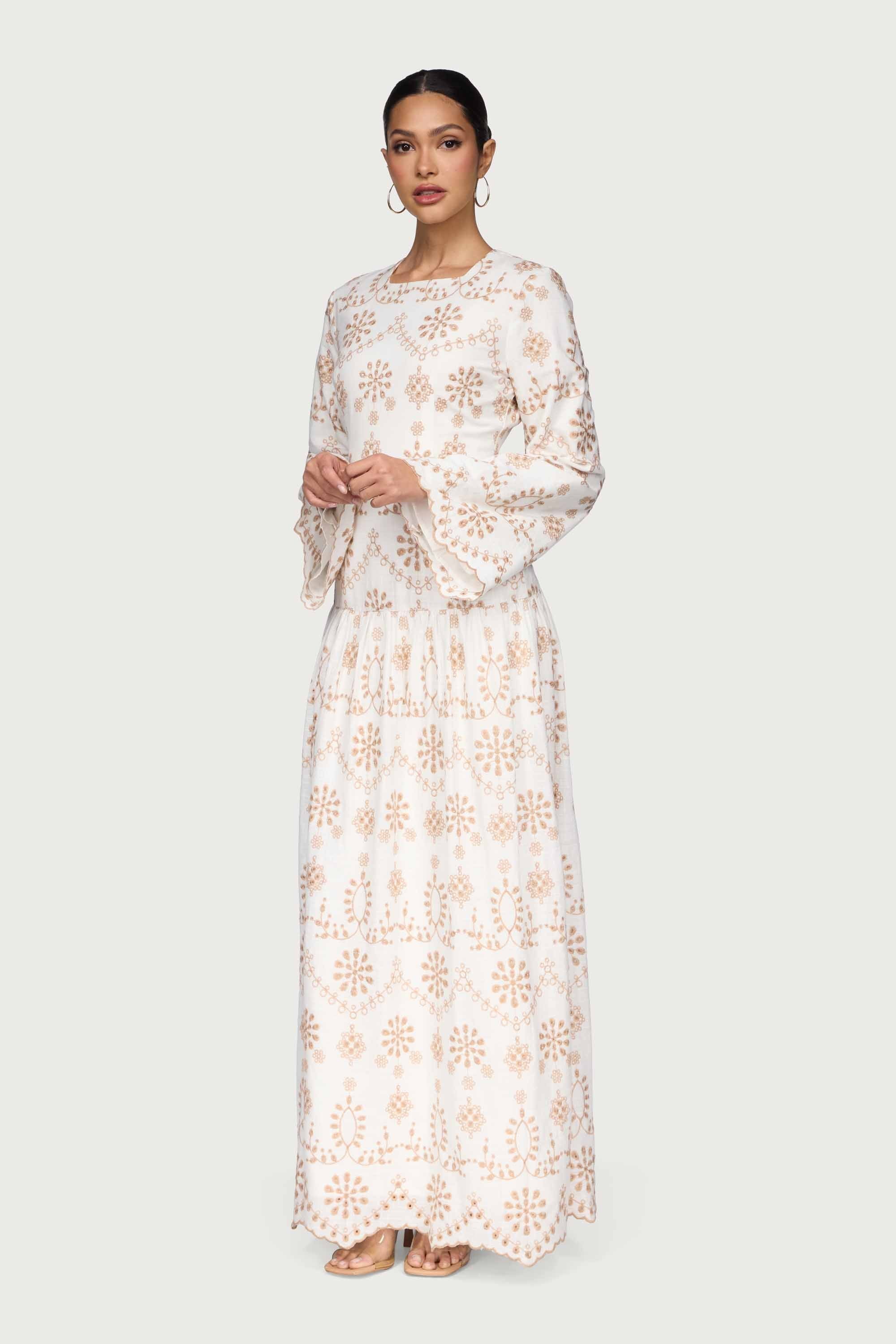 Cotton Eyelet Embroidered Drop Waist Maxi Dress - White Dresses Veiled