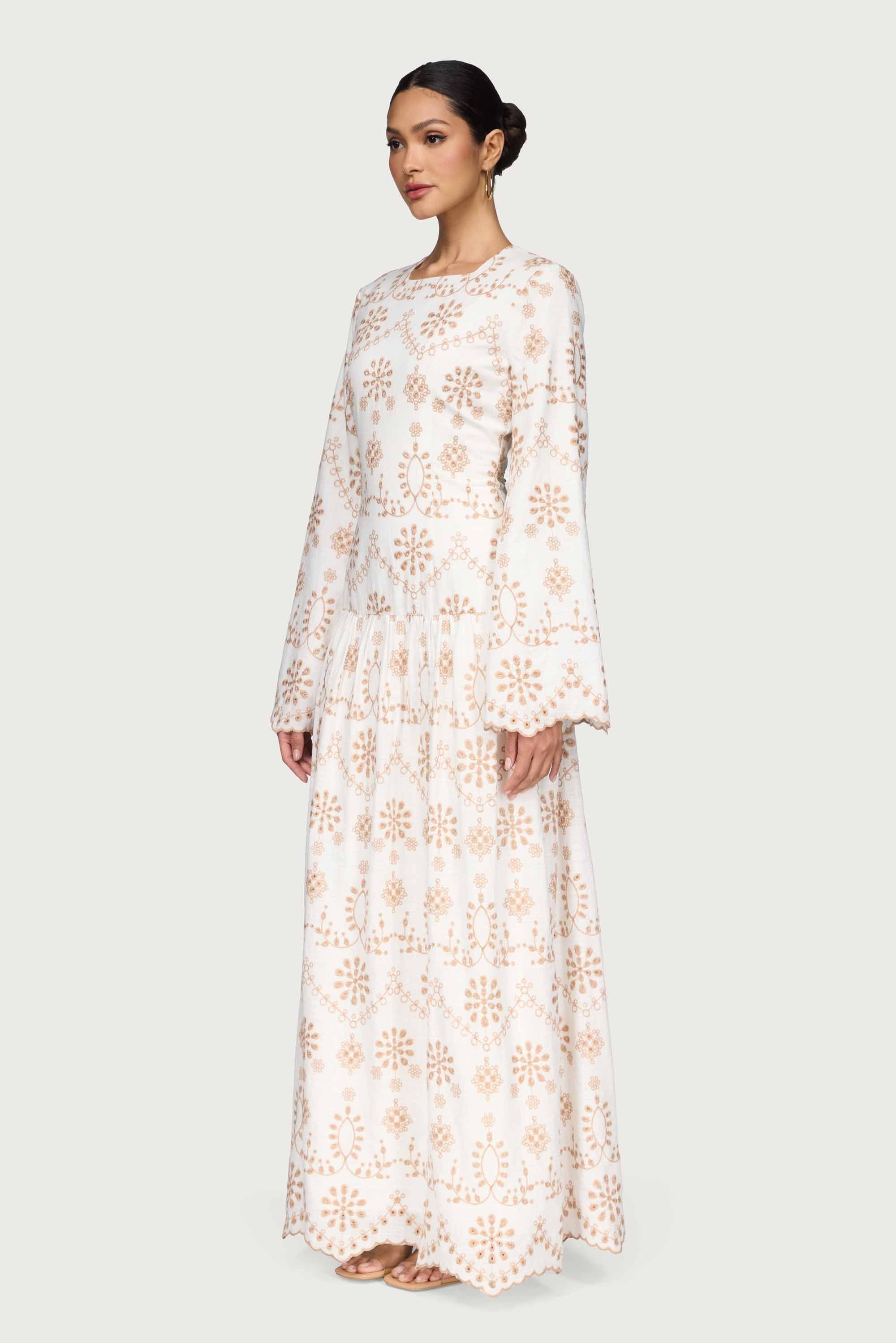 Cotton Eyelet Embroidered Drop Waist Maxi Dress - White Dresses Veiled