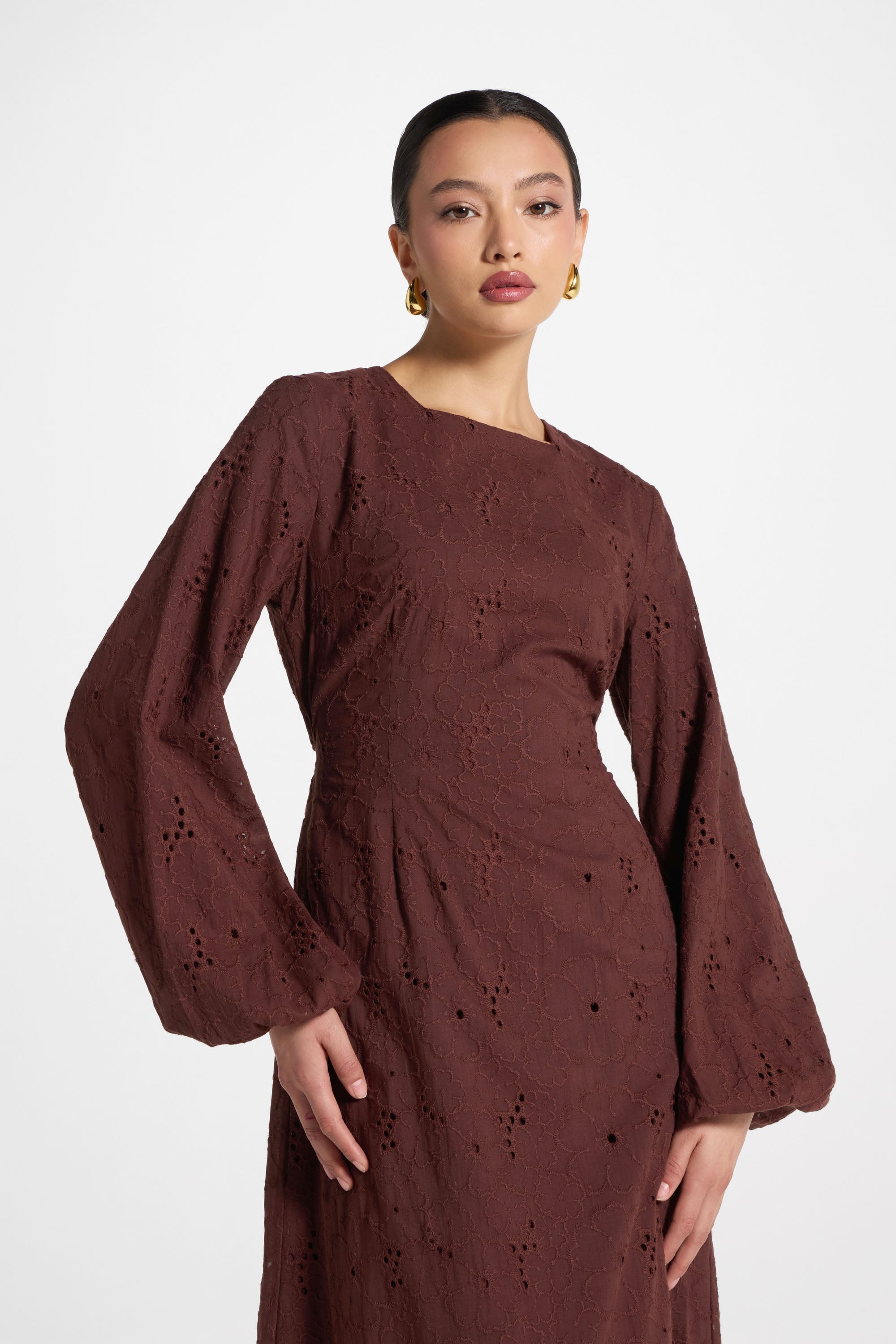 Cotton Eyelet Maxi Dress - Brown Abayas Veiled