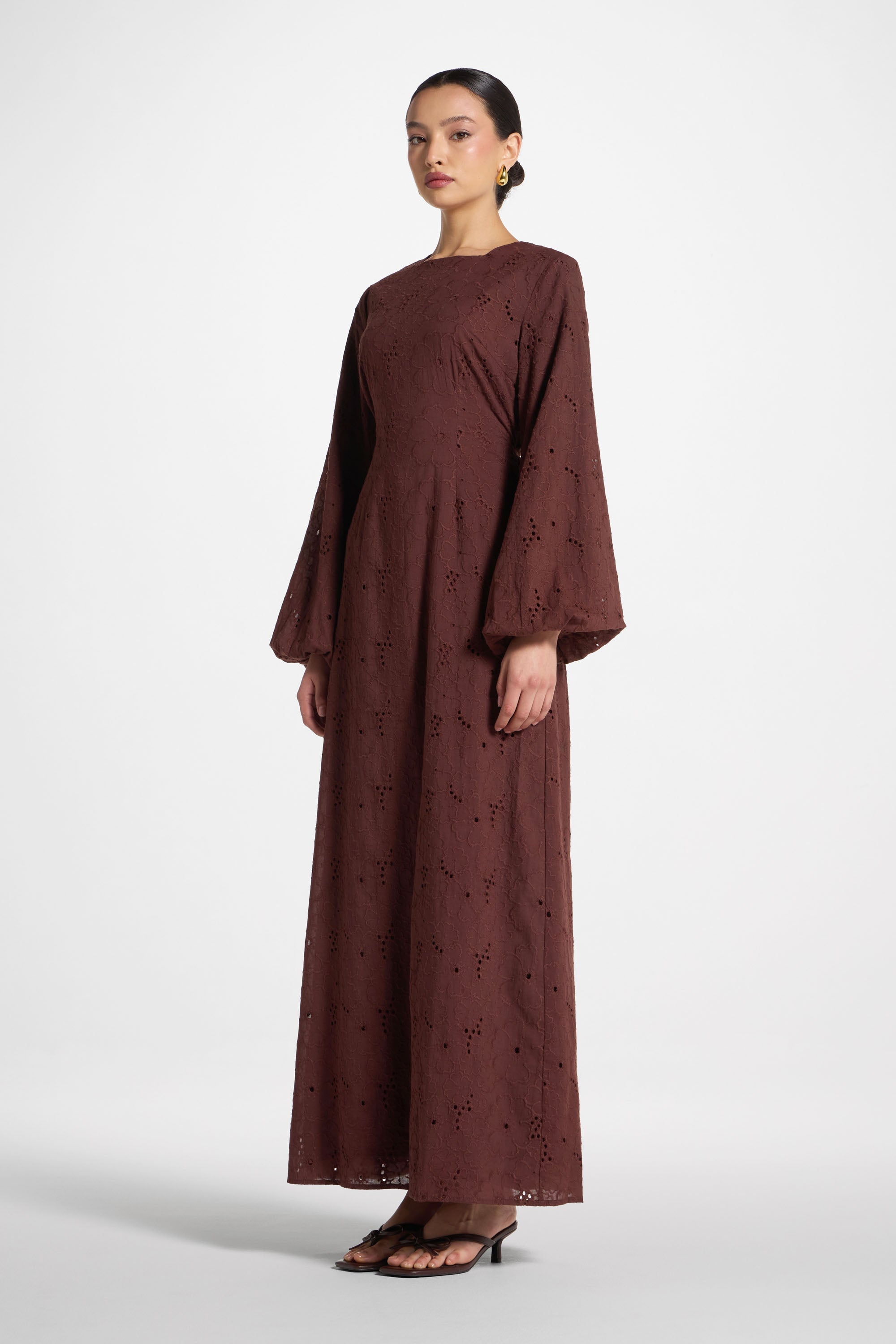 Cotton Eyelet Maxi Dress - Brown Abayas Veiled